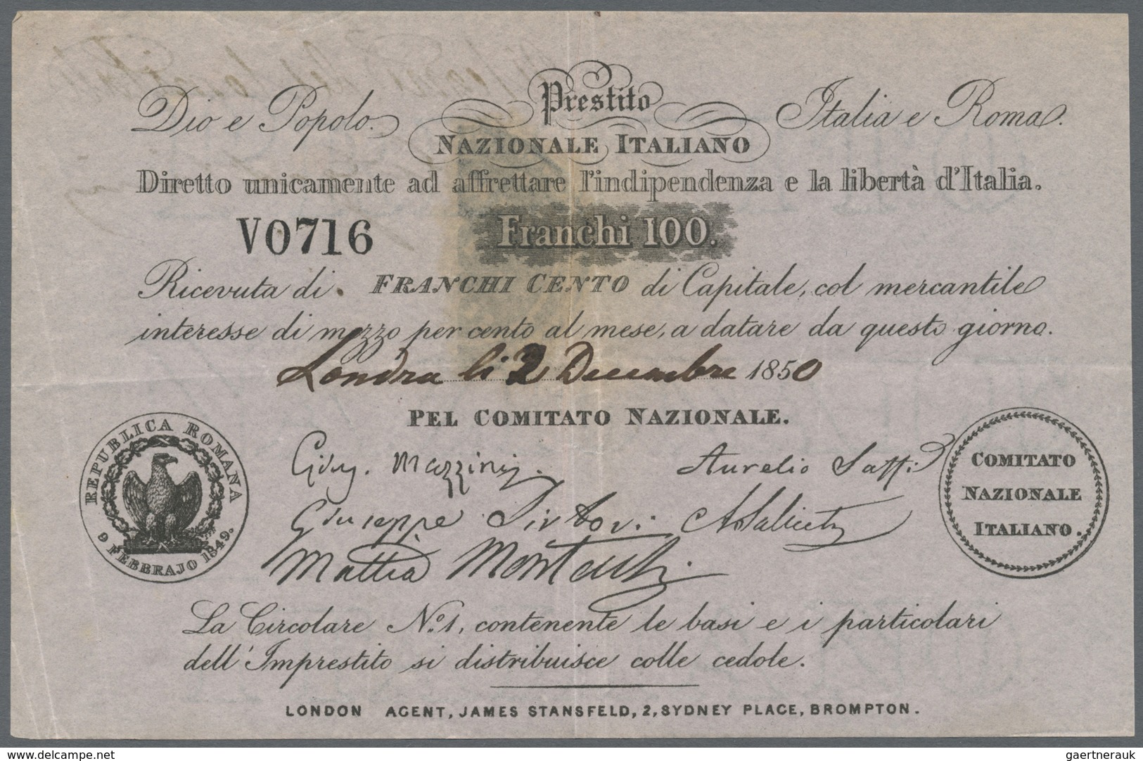 Italy / Italien: Prestito Nazionale Italiano 100 Franchi 1850 P. NL, Used With Center Fold And Sever - Sonstige & Ohne Zuordnung