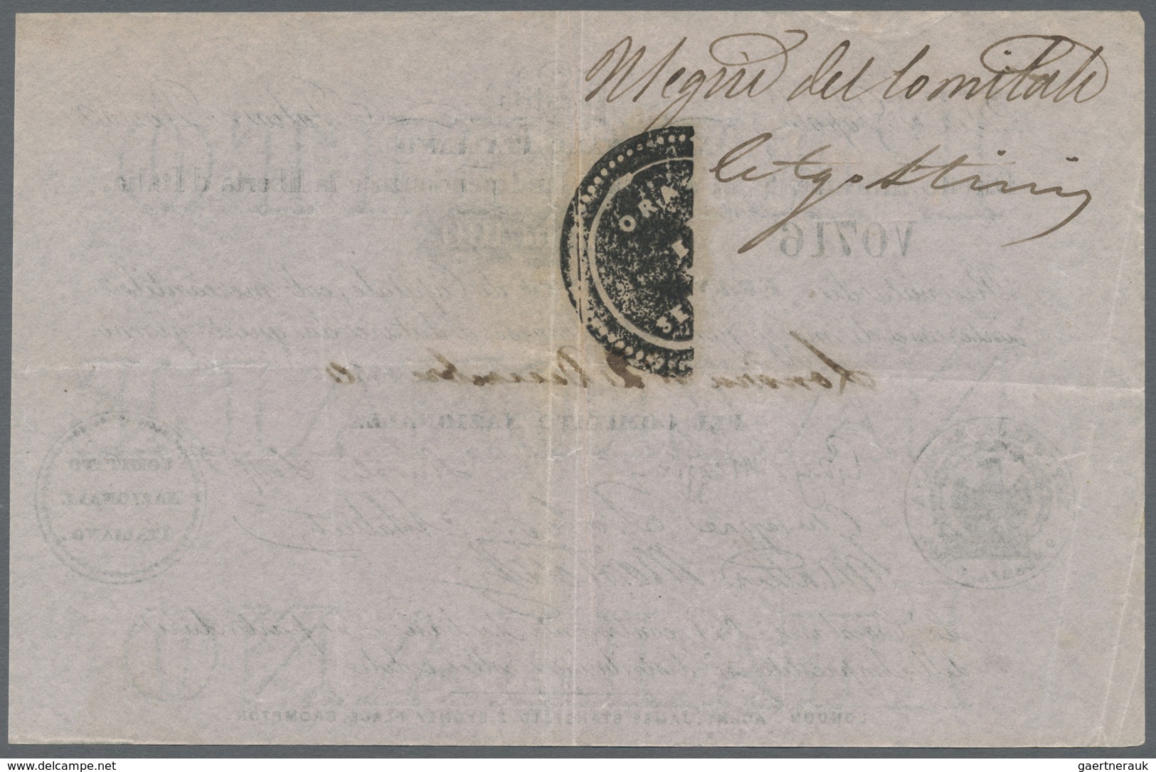 Italy / Italien: Prestito Nazionale Italiano 100 Franchi 1850 P. NL, Used With Center Fold And Sever - Sonstige & Ohne Zuordnung