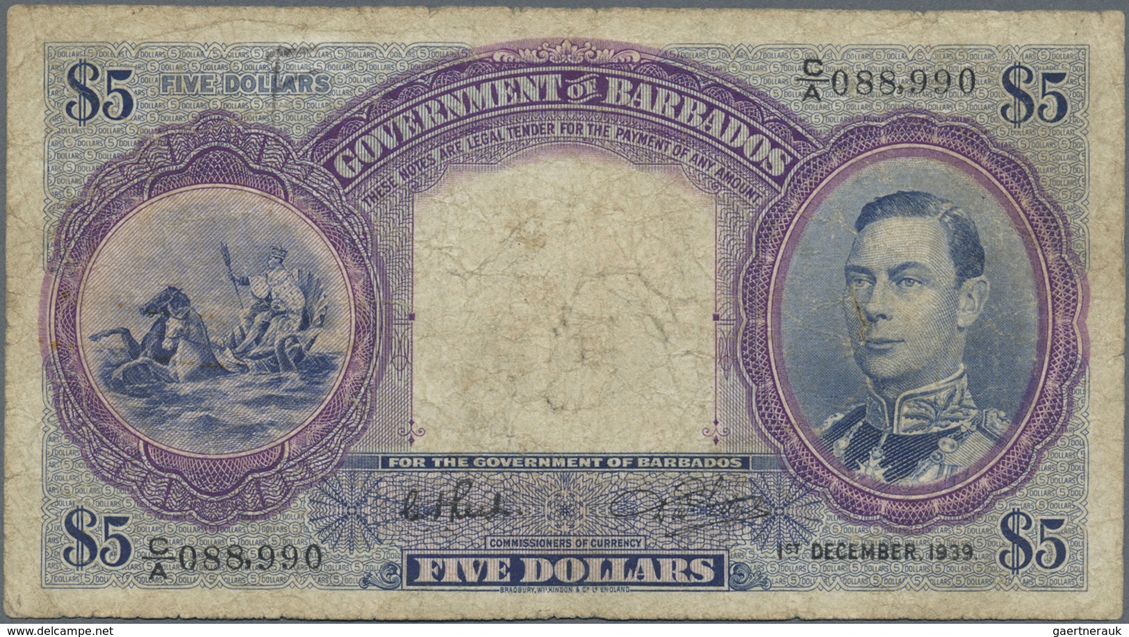 Barbados: 5 Dollars December 1st 1939, P.4a, Almost Well Worn Condition With Stained Paper, Several - Barbados