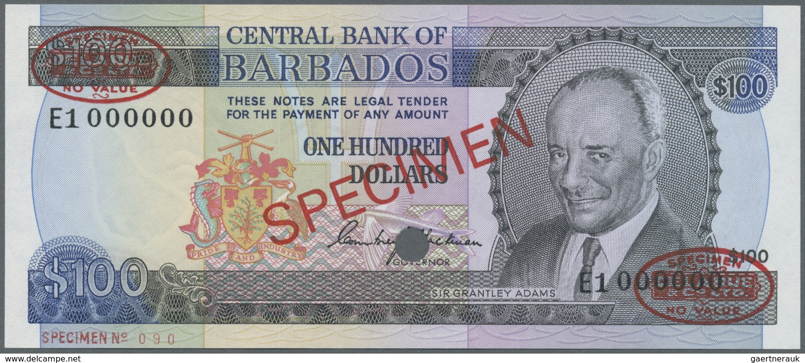 Barbados: 100 Dollars 1973 SPECIMEN, P.35s, Punch Hole Cancellation And Overprint "Specimen" At Cent - Barbados