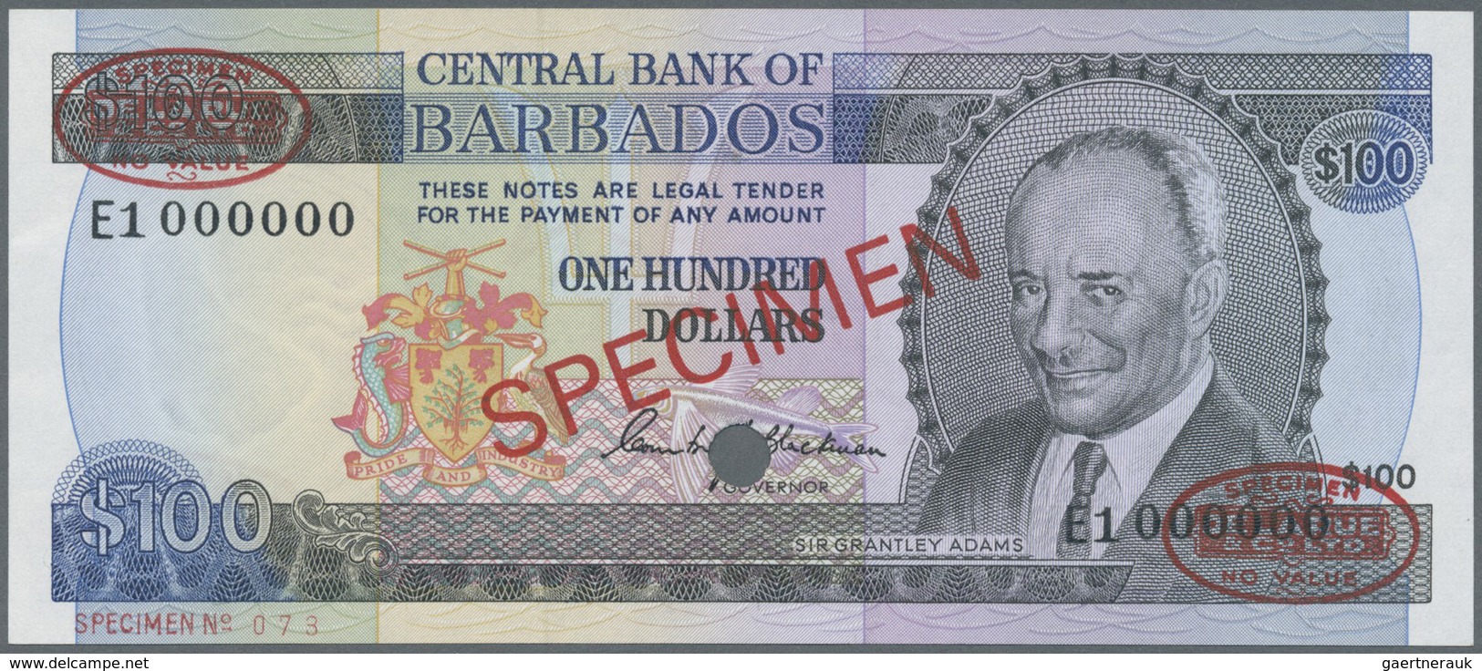 Barbados: 100 Dollars ND (1973) Specimen P. 35s With Red "Specimen" Overprint In Center On Front And - Barbados