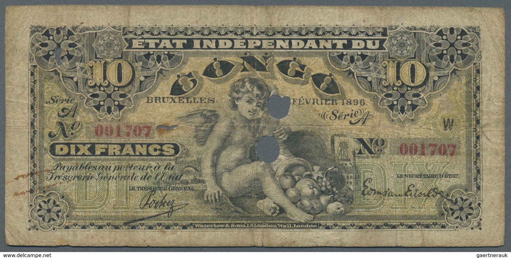 Belgian Congo / Belgisch Kongo: Rare Note 10 Francs 1896 P. 1b, 2 Cancellation Holes, Used With Seve - Zonder Classificatie