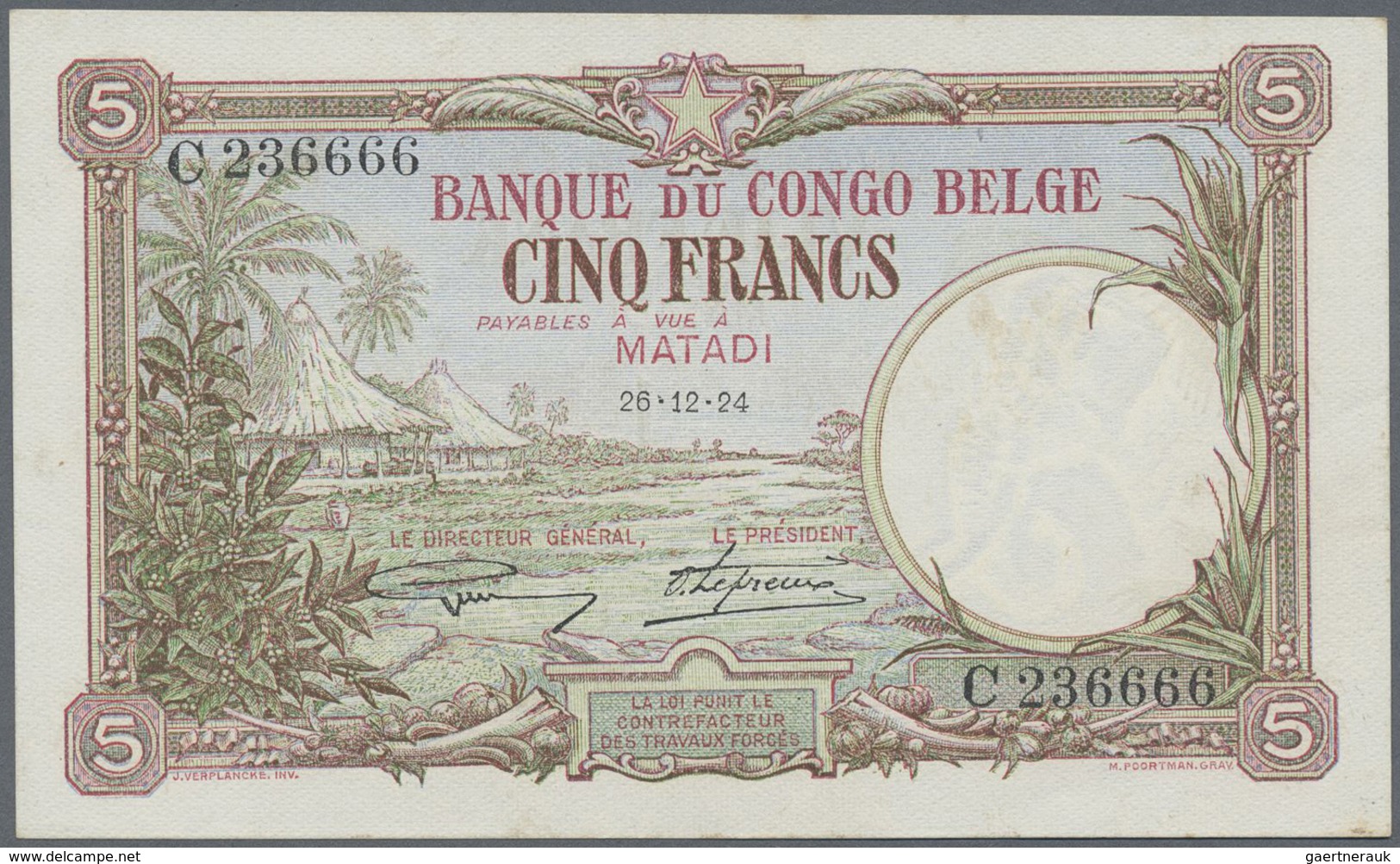 Belgian Congo / Belgisch Kongo: 5 Francs December 26th 1924,  Place Of Issue: Matadi, P.8c In Almost - Unclassified