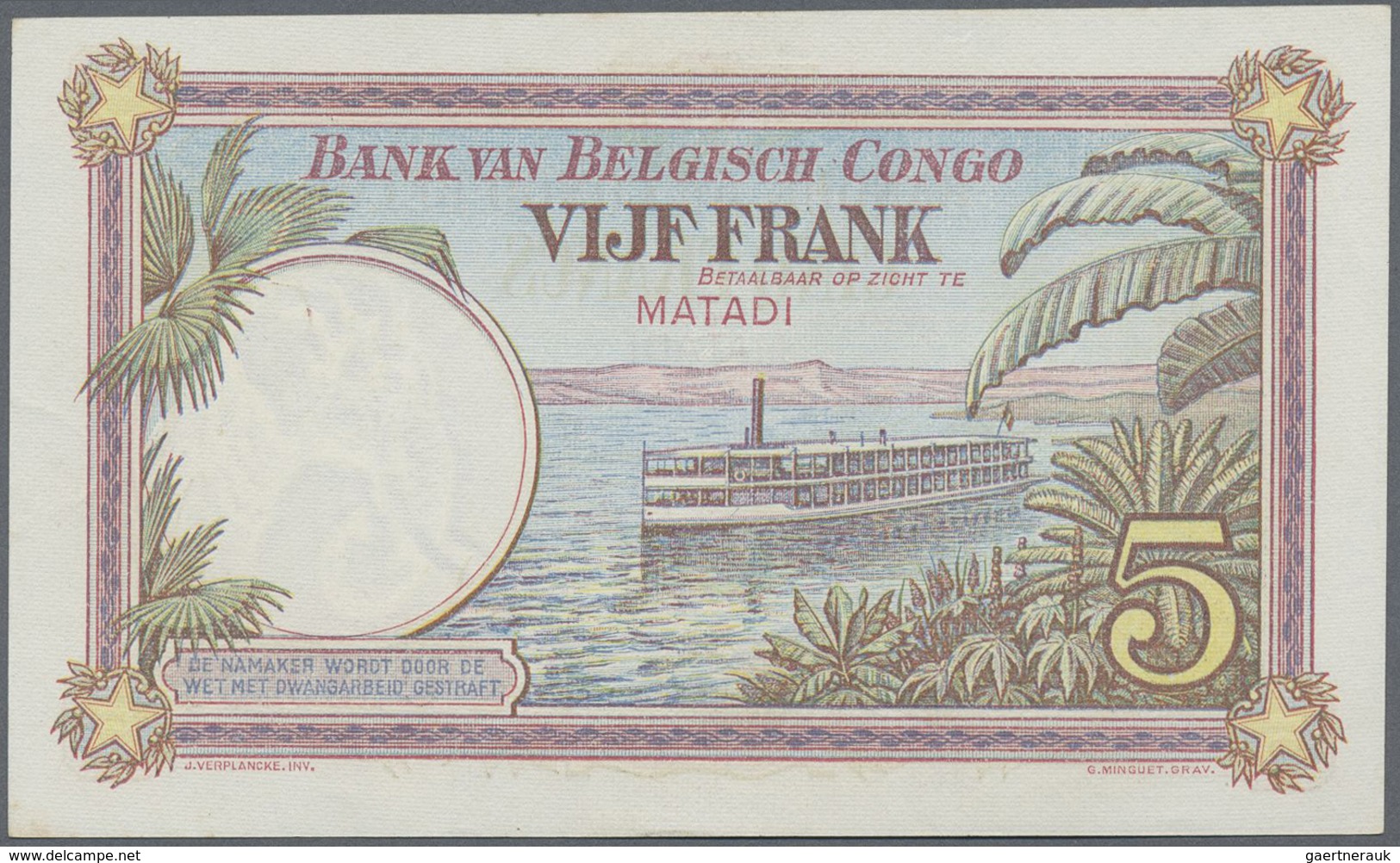 Belgian Congo / Belgisch Kongo: 5 Francs December 26th 1924,  Place Of Issue: Matadi, P.8c In Almost - Unclassified