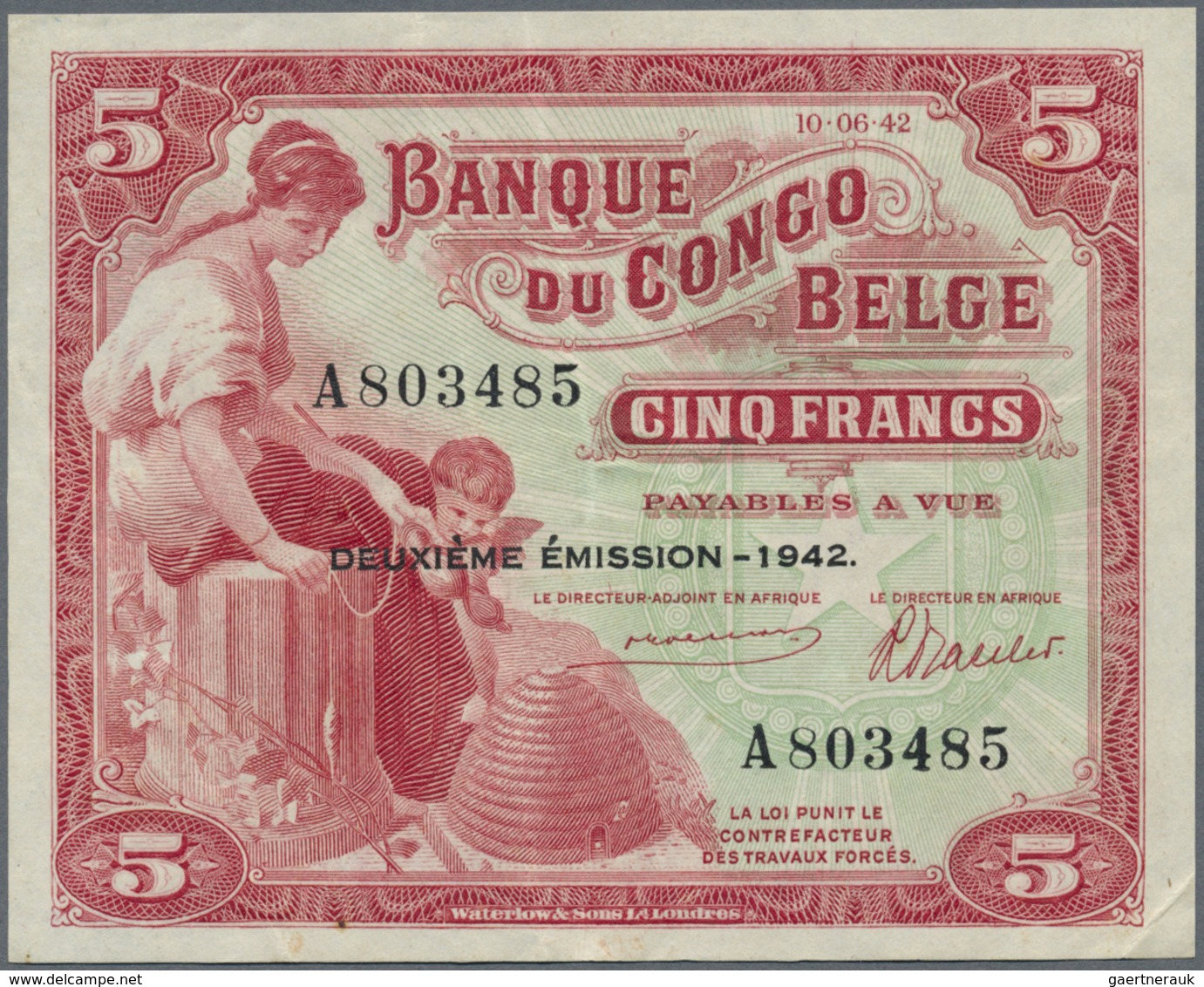 Belgian Congo / Belgisch Kongo: 5 Francs 1942 P. 13, Light Folds In Paper, Very Original Crisp And W - Unclassified