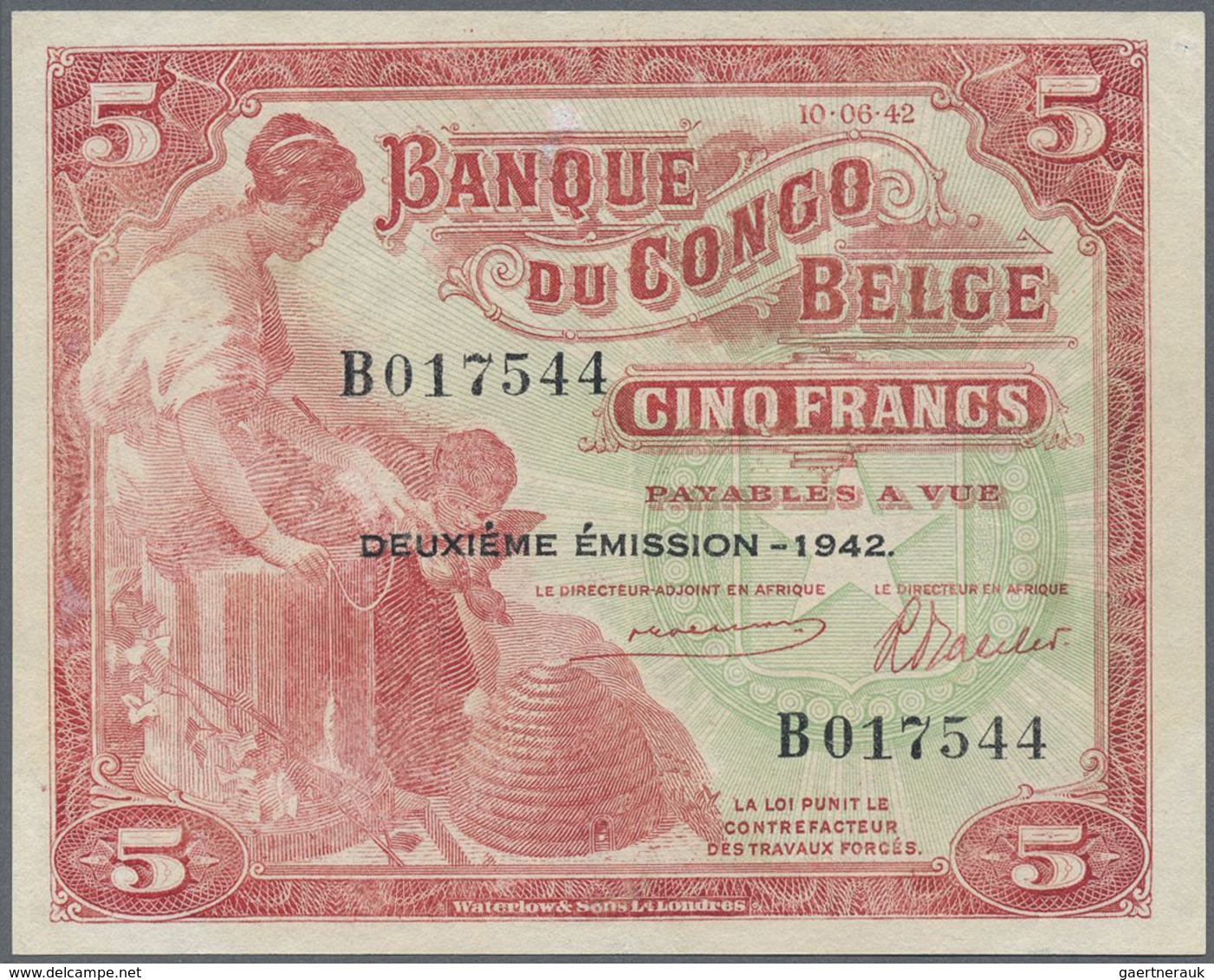 Belgian Congo / Belgisch Kongo: 5 Francs 1942, P.13, Vertically Folded And Tiny Dint At Upper Right. - Unclassified