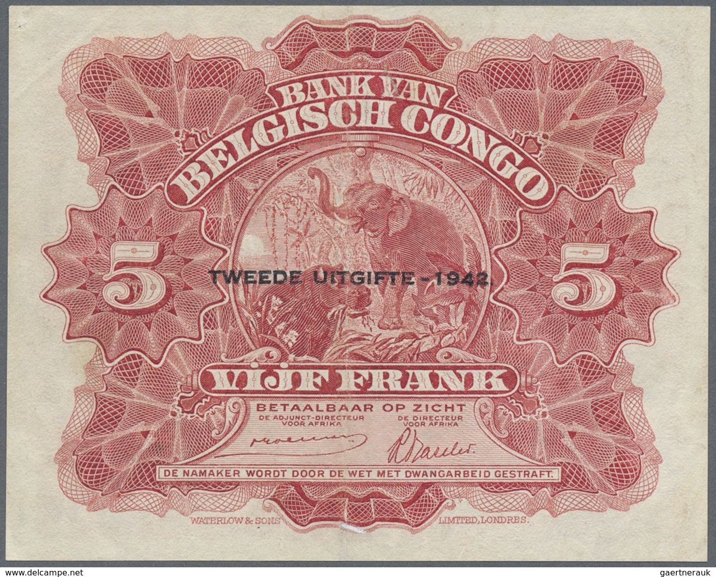 Belgian Congo / Belgisch Kongo: 5 Francs 1942, P.13, Vertically Folded And Tiny Dint At Upper Right. - Unclassified