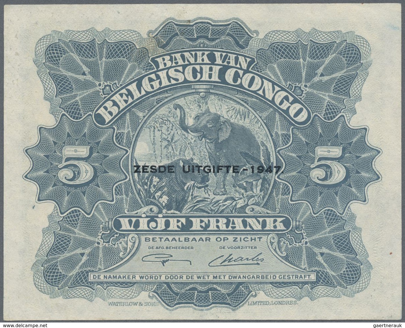Belgian Congo / Belgisch Kongo: 5 Francs 1947, P.13Ad, Almost Perfect Condition With A Few Spots Of - Unclassified