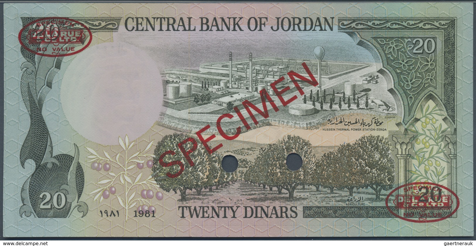 Jordan / Jordanien: 20 Dinars 1981 Specimen P. 21s2, Rarely Seen As PMG Graded Note In Condition: PM - Jordan