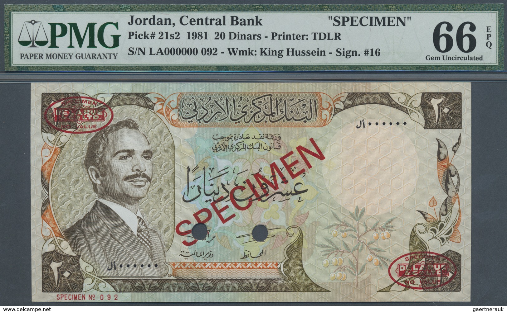 Jordan / Jordanien: 20 Dinars 1981 Specimen P. 21s2, Rarely Seen As PMG Graded Note In Condition: PM - Jordan