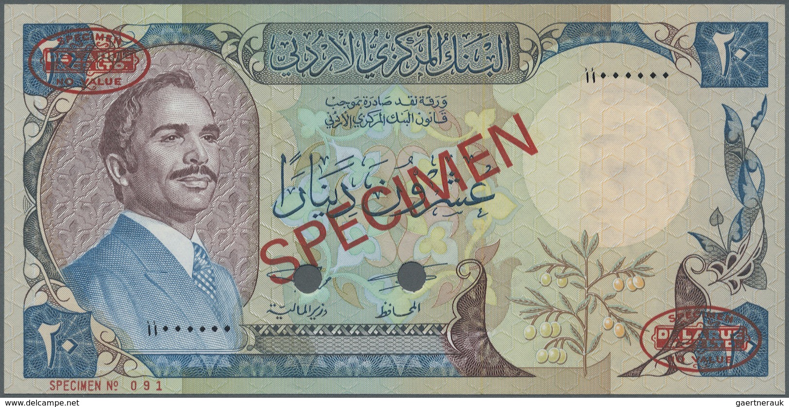 Jordan / Jordanien: 20 Dinars 1977 (1991) Specimen P. 22s. This Highly Rare Specimen Banknote Has Ov - Giordania