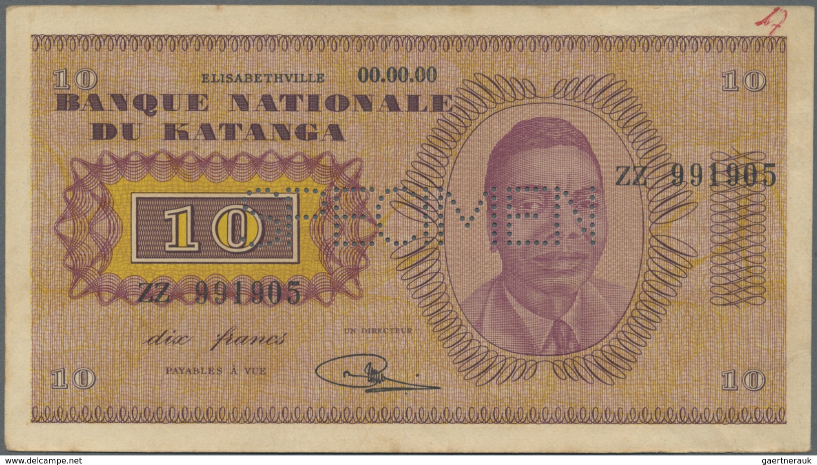 Katanga: 10 Francs 1960 Specimen P. 5s, Light Handling In Paper, Unfolded, Condition: AUNC. - Other - Africa