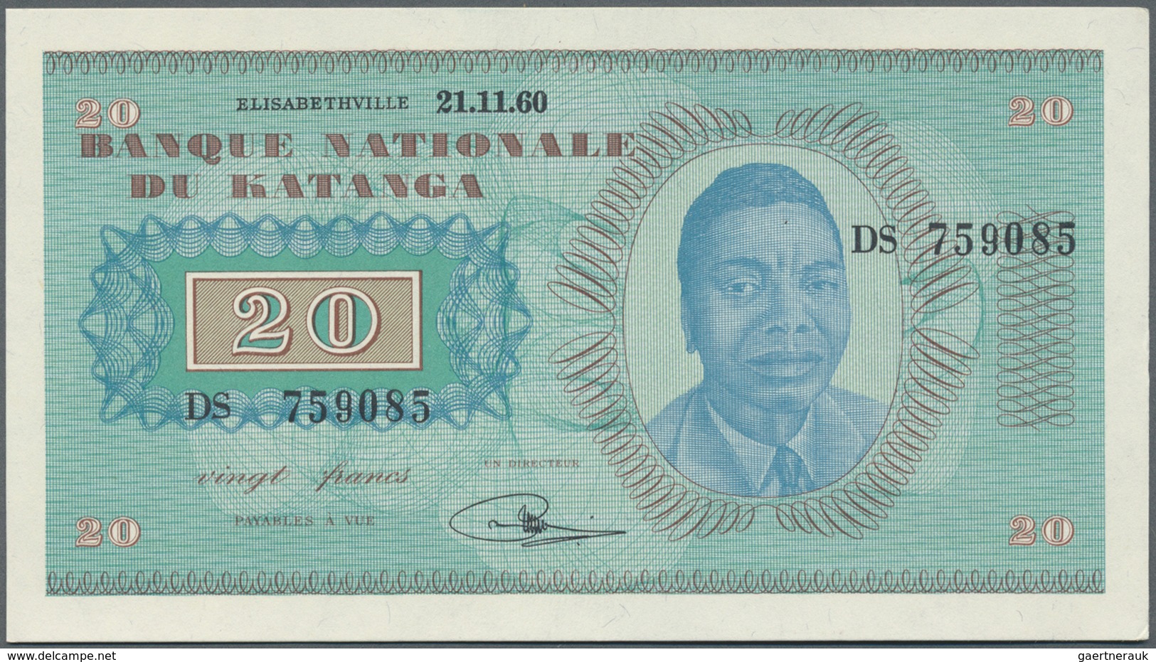 Katanga: 20 Francs 1960 P. 6, Minor Dint At Right Border, Otherwise Perfect, Condition: AUNC. - Other - Africa