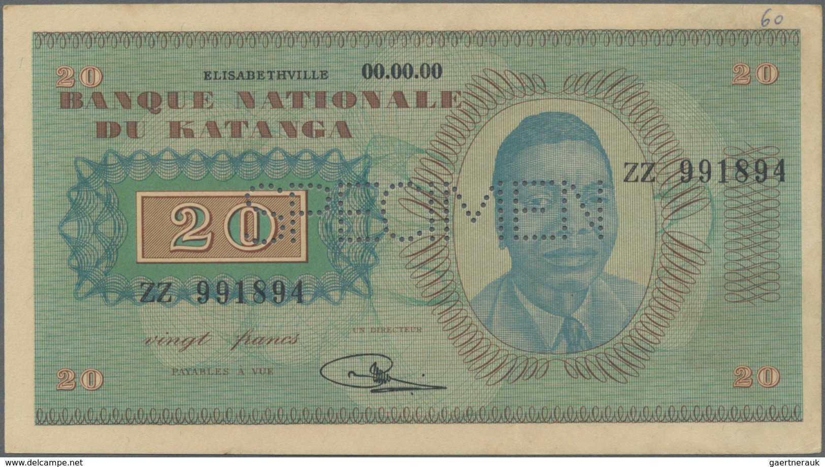 Katanga: 20 Francs 1960 Specimen P. 6s, Unfolded But Light Handling In Paper, Condition: AUNC. - Other - Africa