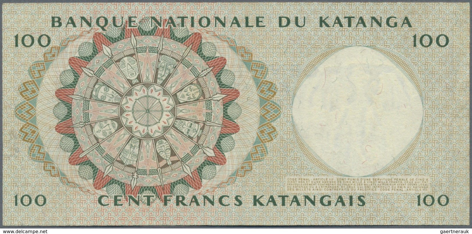 Katanga: 100 Francs August 15th 1962, P.12a, Soft Vertical Bend At Center And Some Minor Spots. Cond - Other - Africa