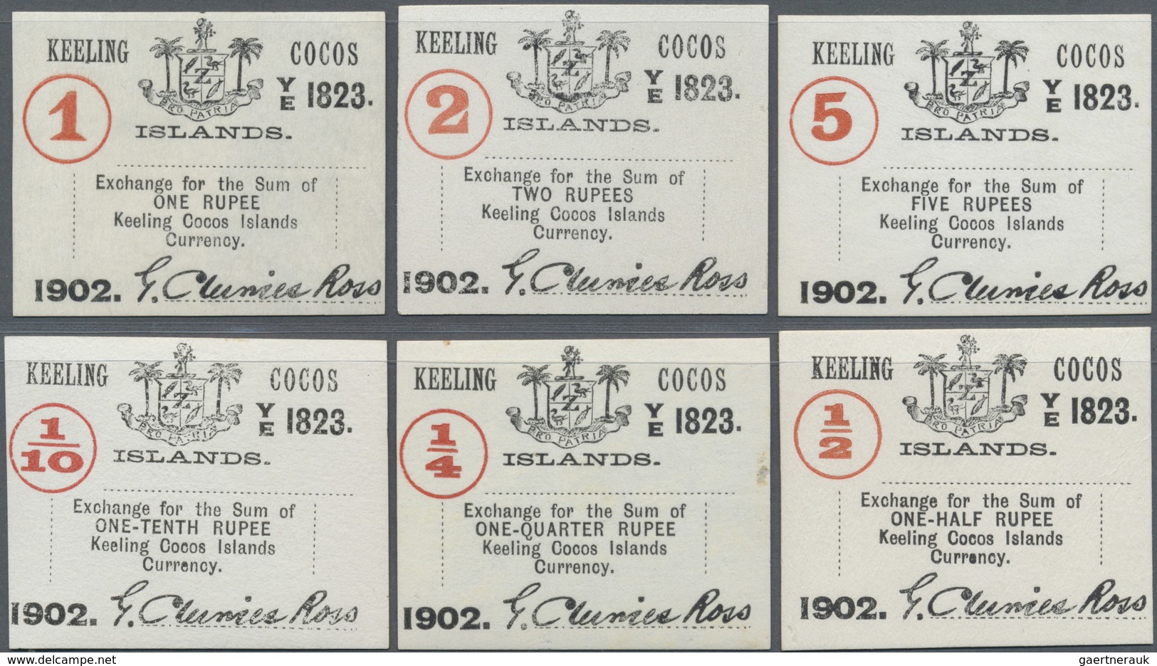 Keeling / Cocos Islands: Complete Set Of The 1902 Issues Comprising 1/10, 1/4, 1/2, 1, 2 And 5 Rupee - Other & Unclassified