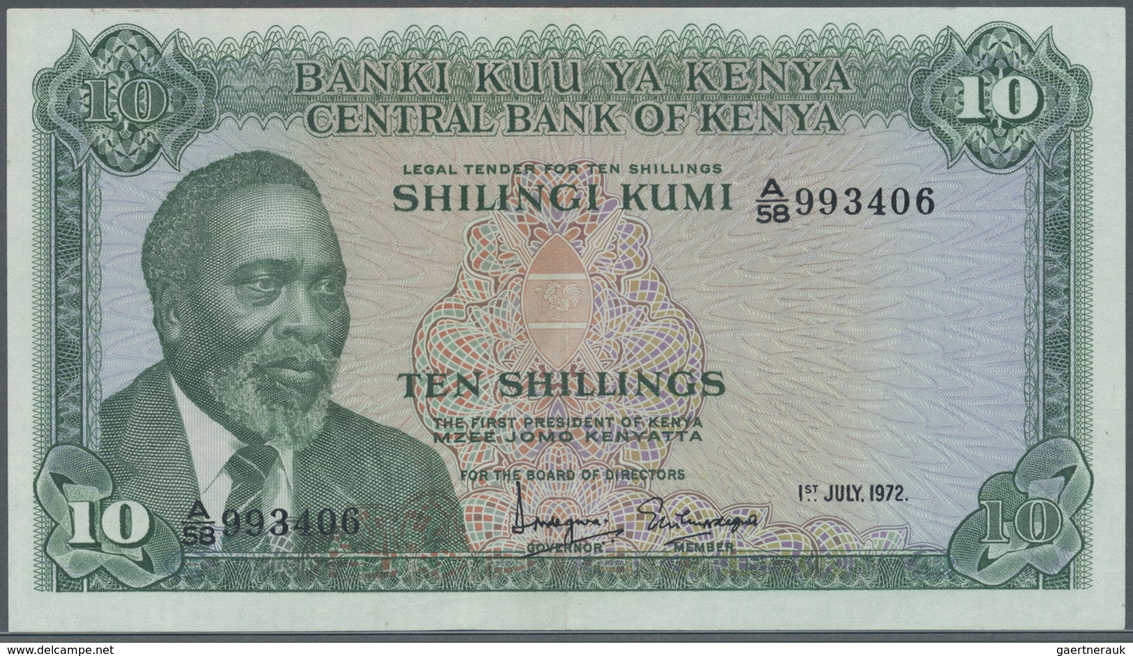 Kenya / Kenia: 10 Shillings 1972 P. 7c, Light Center Fold, Probably Pressed, Condition: XF. - Kenya