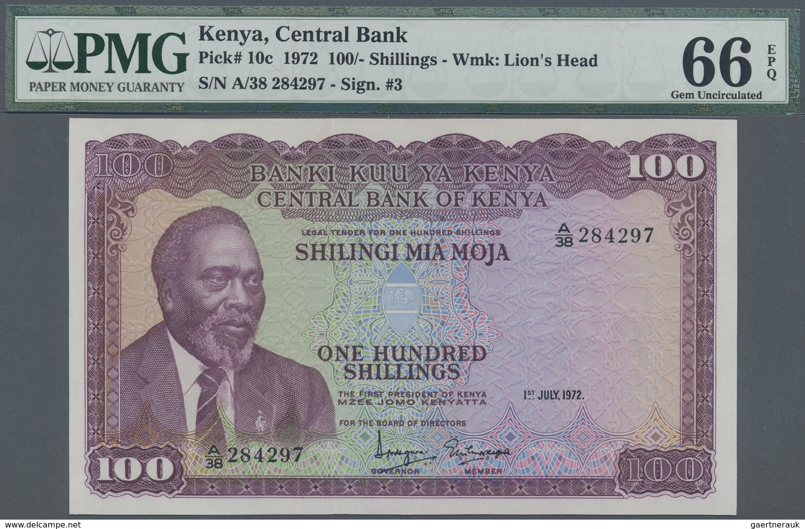 Kenya / Kenia: 100 Shillings July 1st 1972, P.10c In Perfect Uncirculated Condition, PMG Graded 66 G - Kenya