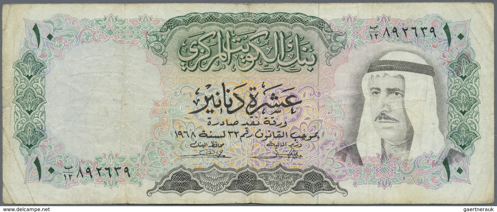 Kuwait: 1/4 Dinar L.1960 P.1 In F+ And 10 Dinars L.1968, P.10 In F- With Graffiti And Stains (2 Pcs. - Koweït