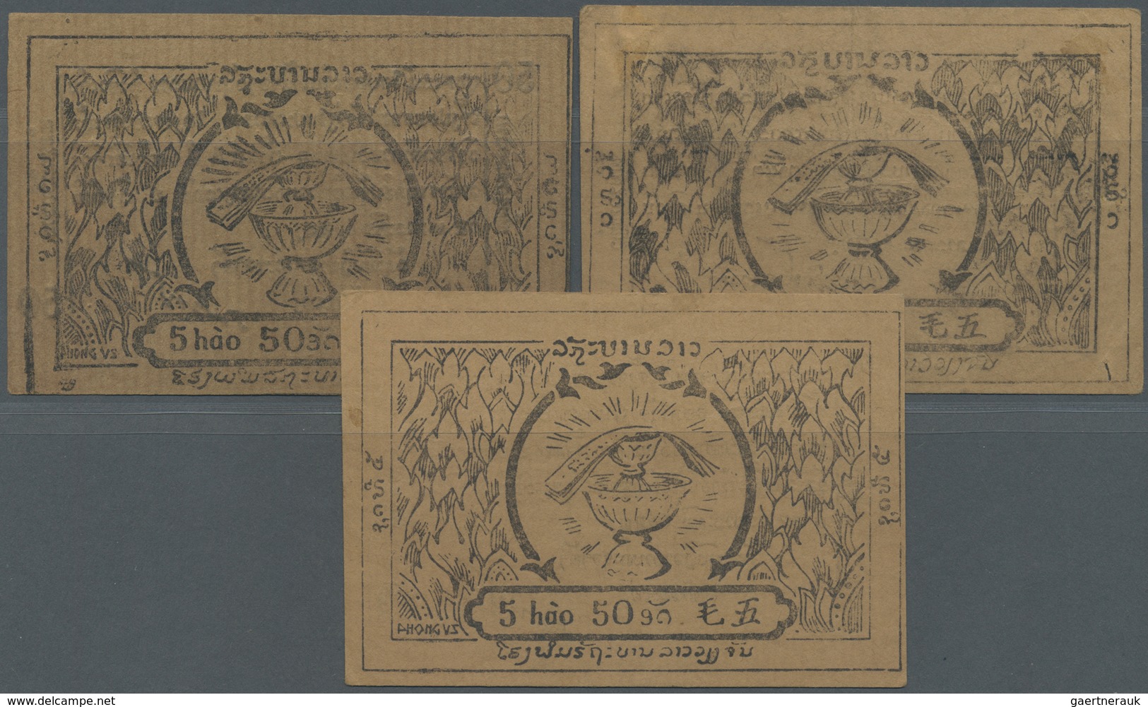 Laos: Set Of 3 Pcs 50 At 5 Hao ND(1945-46) P. A3a,b,c, Two Of Them In Condition UNC, One Of Them Wit - Laos