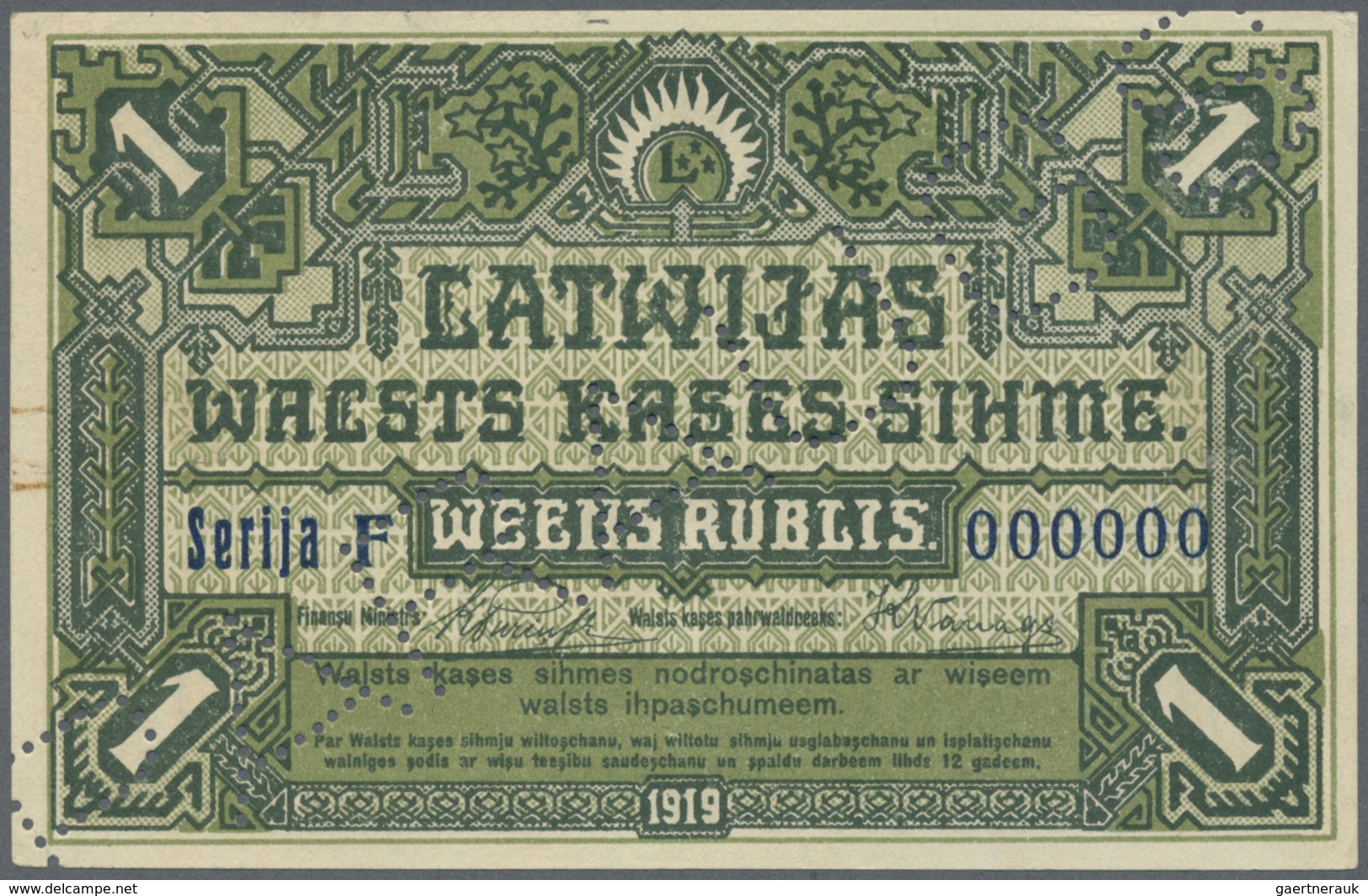 Latvia / Lettland: Rare Specimen Of 1 Rubli 1919 P. 2bs, Series "F" With Zero Serial Numbers, "PARAU - Latvia