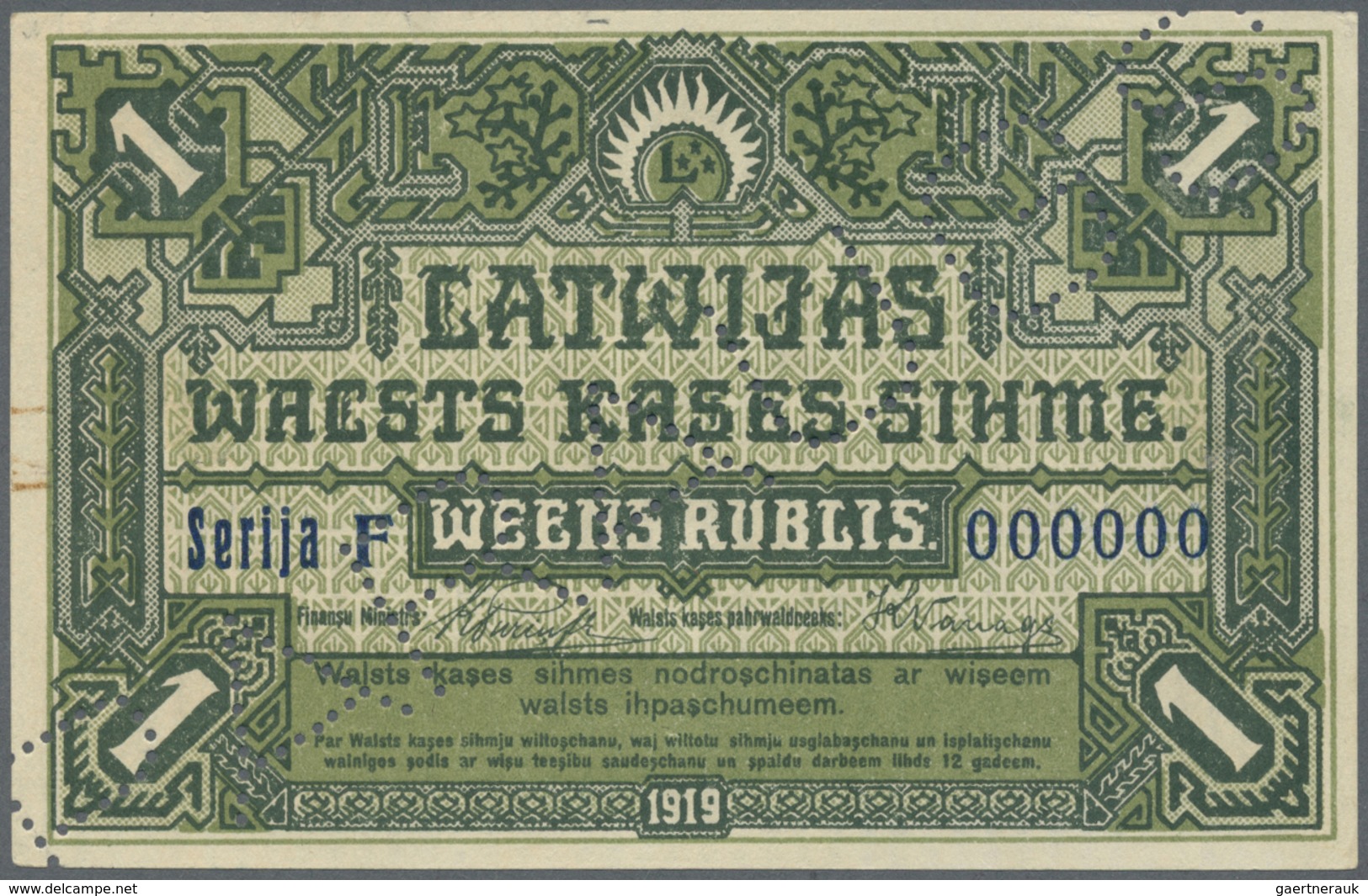 Latvia / Lettland: Rare Specimen Of 1 Rubli 1919 P. 2bs, Series "F" With Zero Serial Numbers, "PARAU - Lettonia