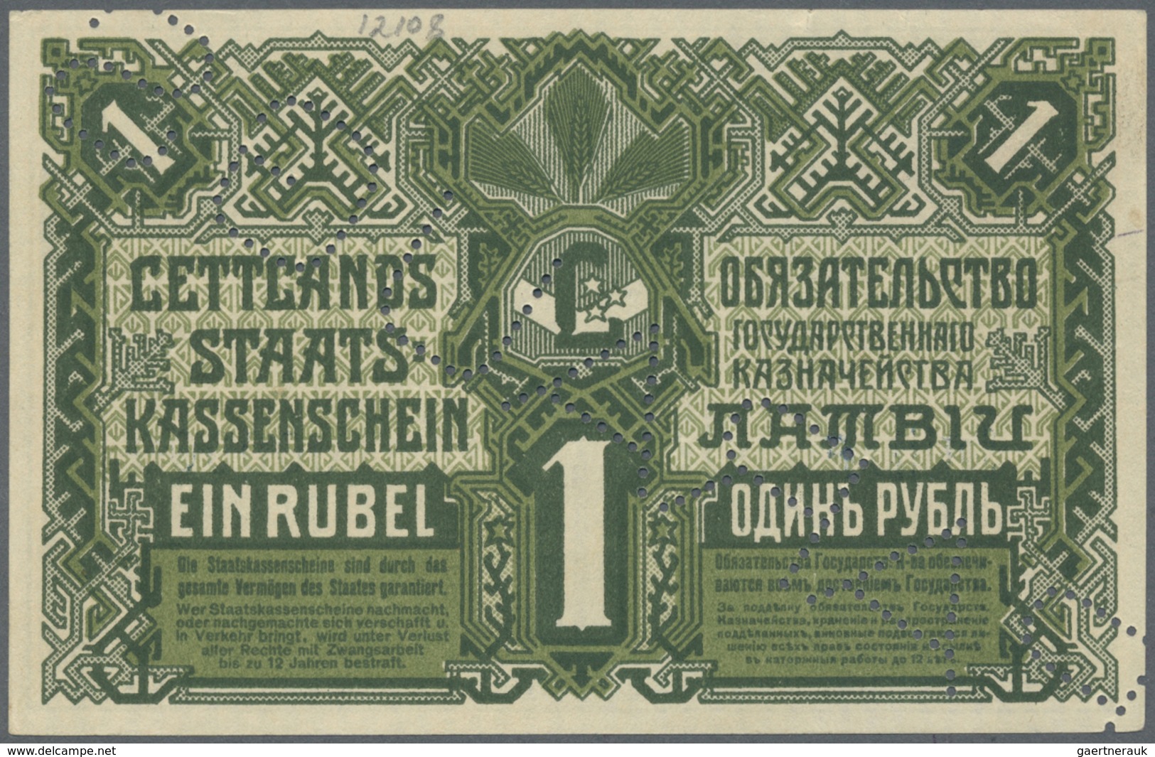 Latvia / Lettland: Rare Specimen Of 1 Rubli 1919 P. 2bs, Series "F" With Zero Serial Numbers, "PARAU - Latvia