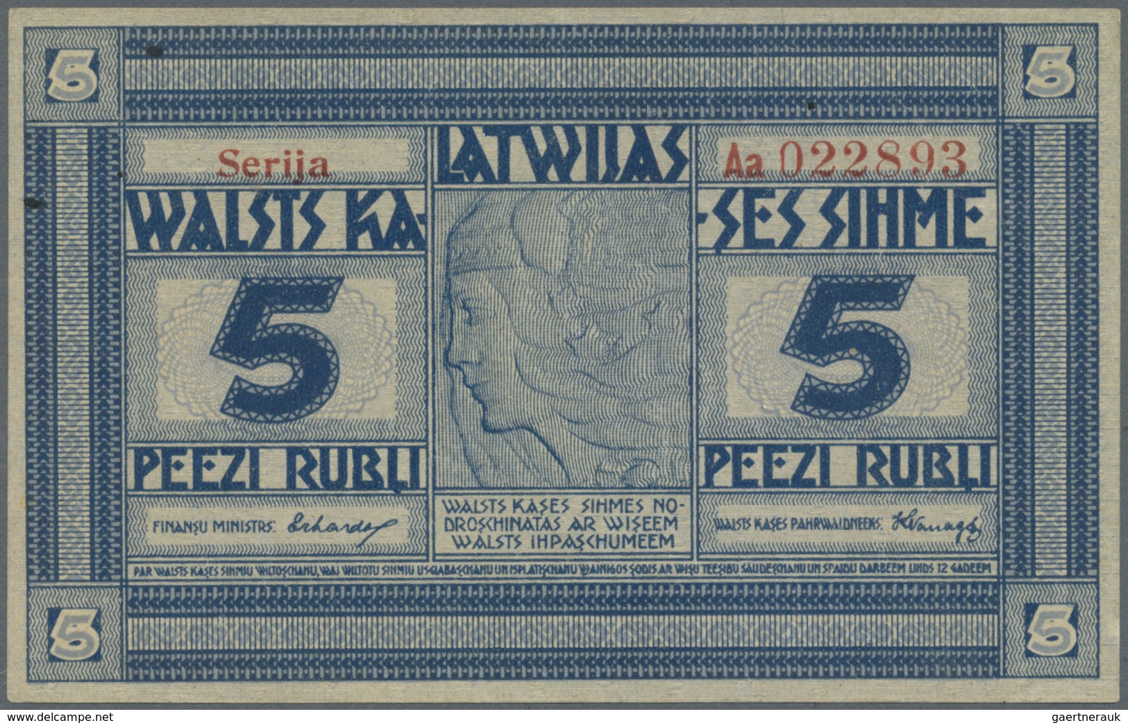 Latvia / Lettland: 5 Rubli 1919 P. 3a, Series "Aa", Signature Erhards, Issued From 1919 Till 1925, 2 - Latvia