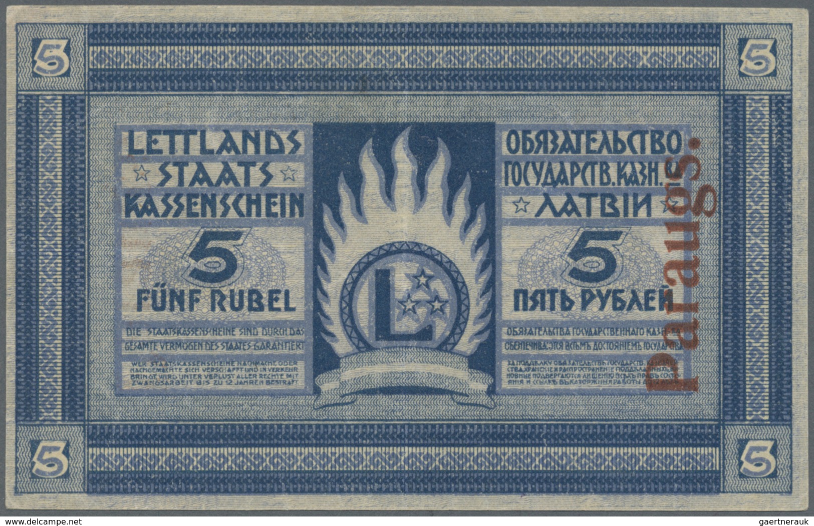 Latvia / Lettland: Rare SPECIMEN Note 5 Rubli 1919 Series "Aa", Regular Serial Number, "PARAGUS" Ove - Latvia