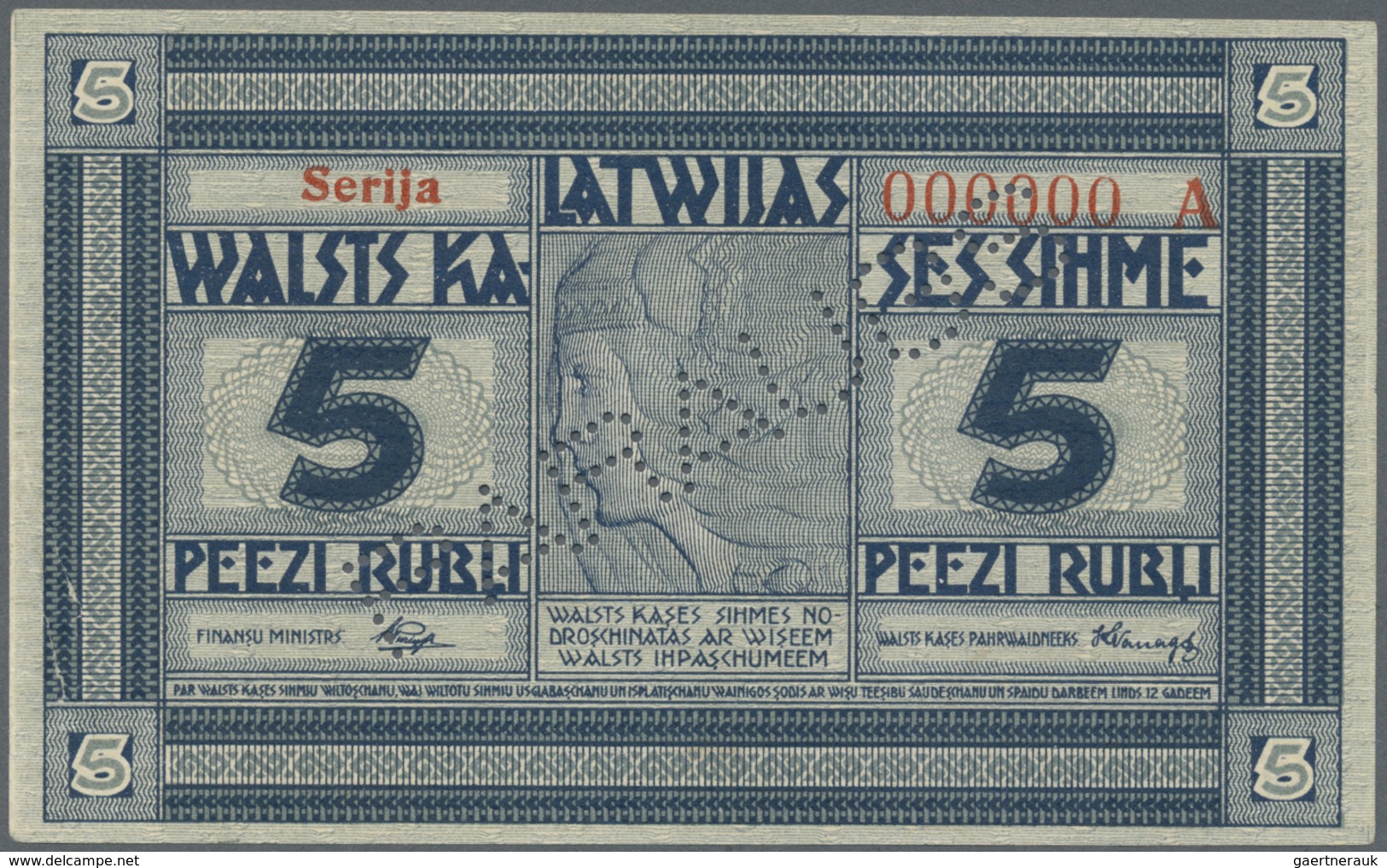 Latvia / Lettland: Rare SPECIMEN Note 5 Rubli 1919 Series "A", Zero Serial Number, "PARAGUS" Perfora - Latvia