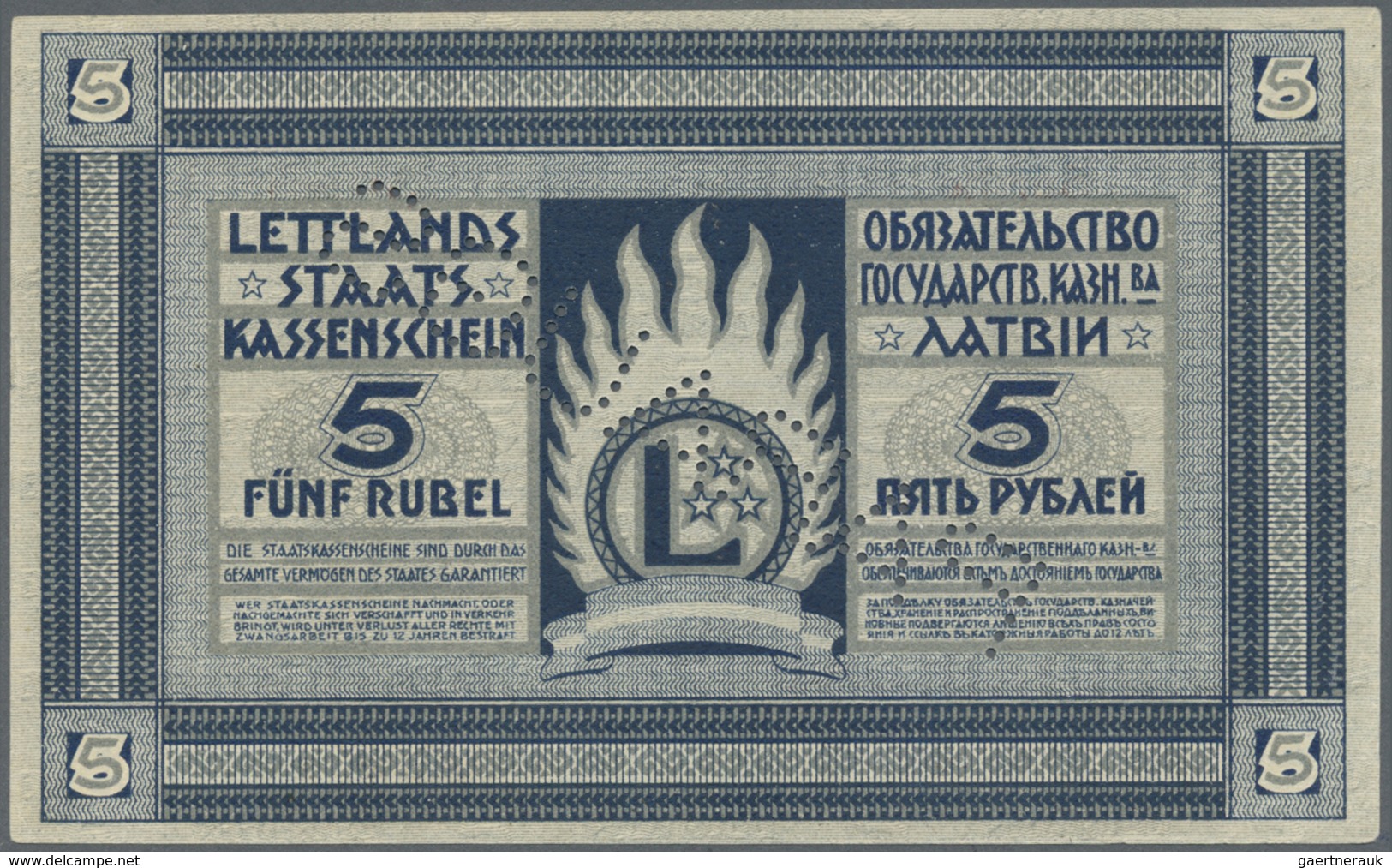 Latvia / Lettland: Rare SPECIMEN Note 5 Rubli 1919 Series "A", Zero Serial Number, "PARAGUS" Perfora - Latvia