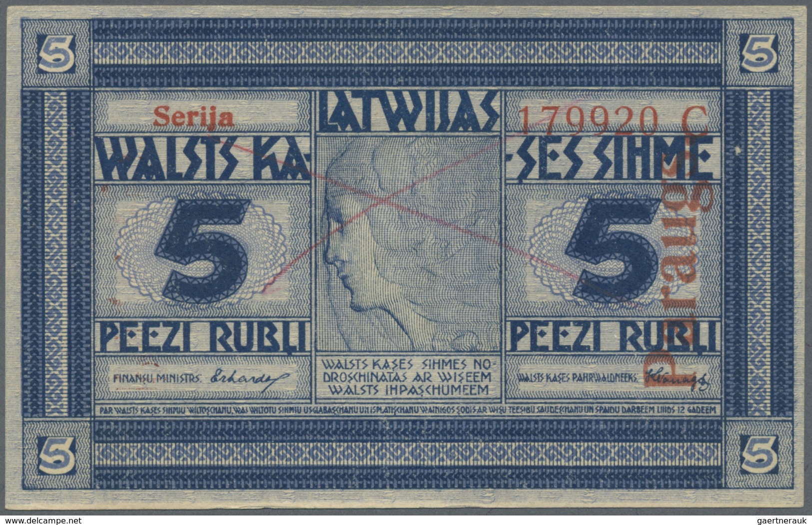 Latvia / Lettland: Rare SPECIMEN Note 5 Rubli 1919 Series "C", Regular Serial Number, "PARAGUS" Over - Lettonia