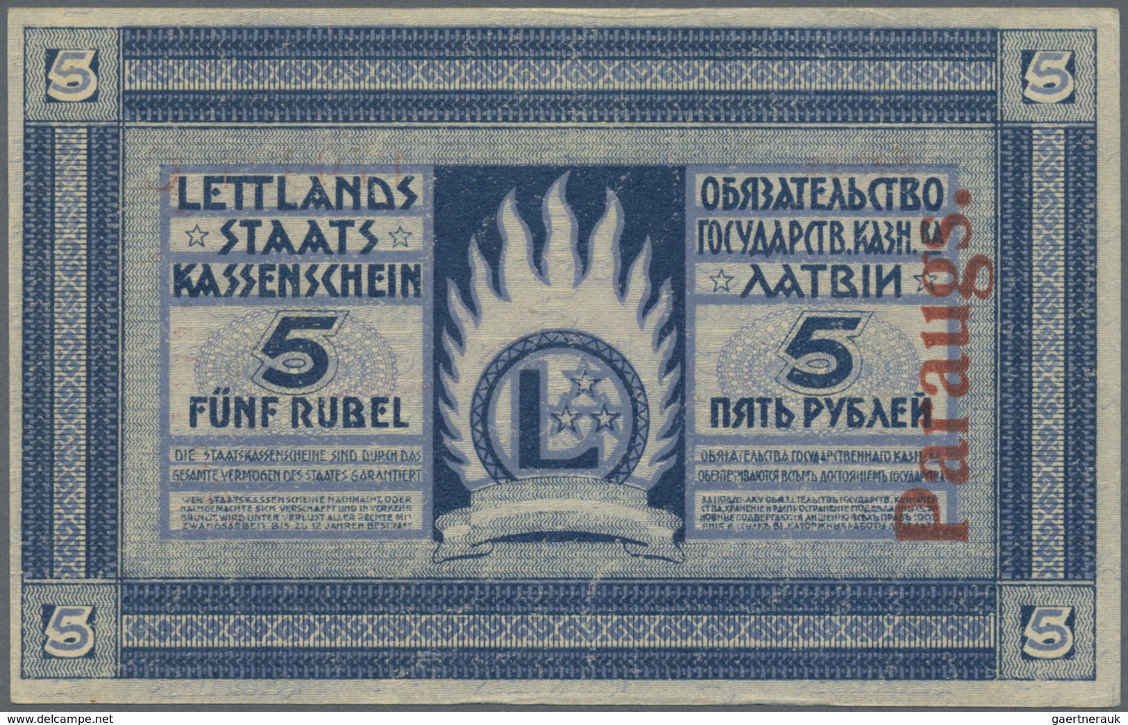 Latvia / Lettland: Rare SPECIMEN Note 5 Rubli 1919 Series "C", Regular Serial Number, "PARAGUS" Over - Lettonia