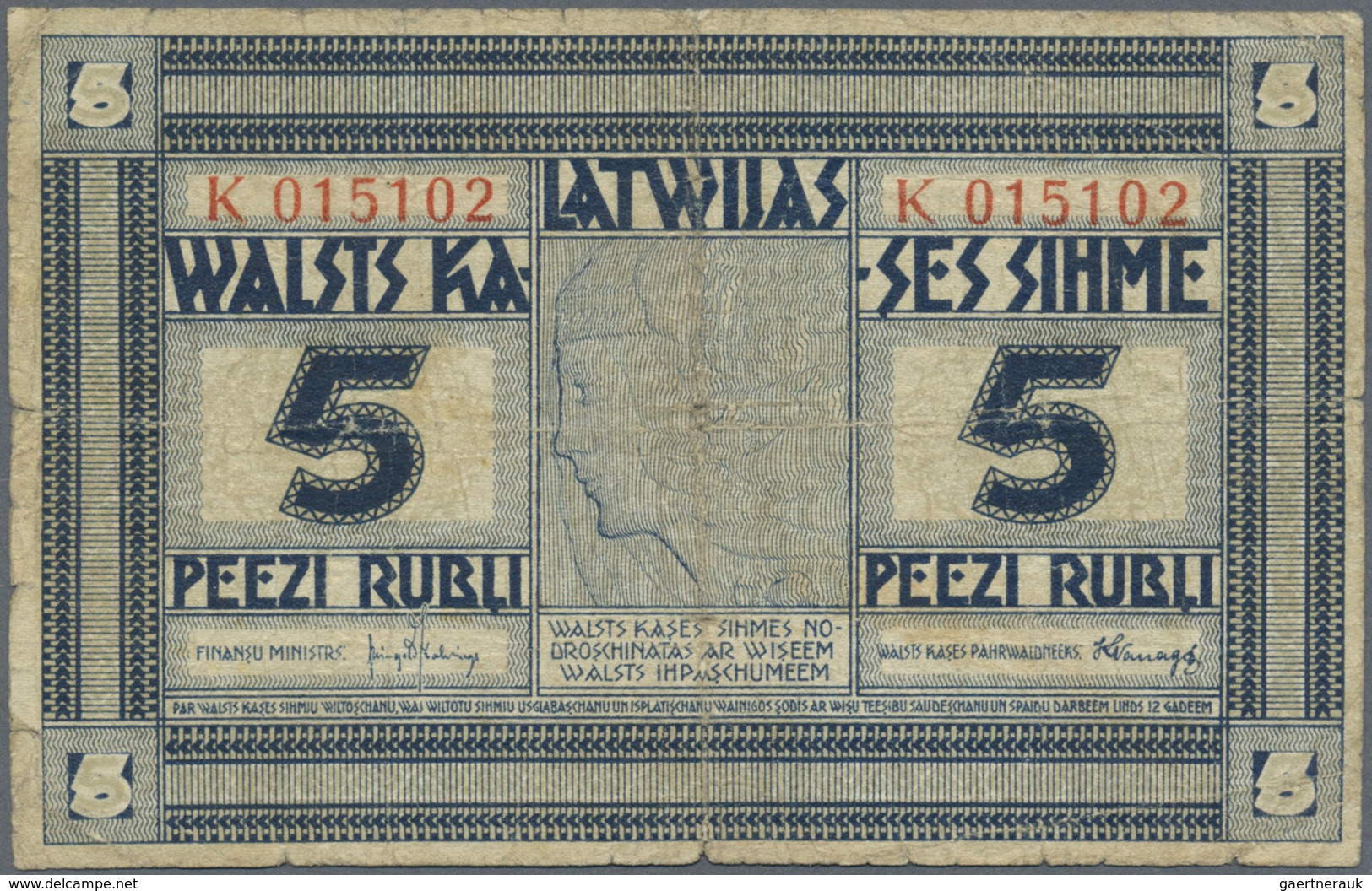 Latvia / Lettland: 5 Rubli 1919 Seldom Seen Series "K", P. 3f, Signature Kalnings, Only 25449 Notes - Latvia