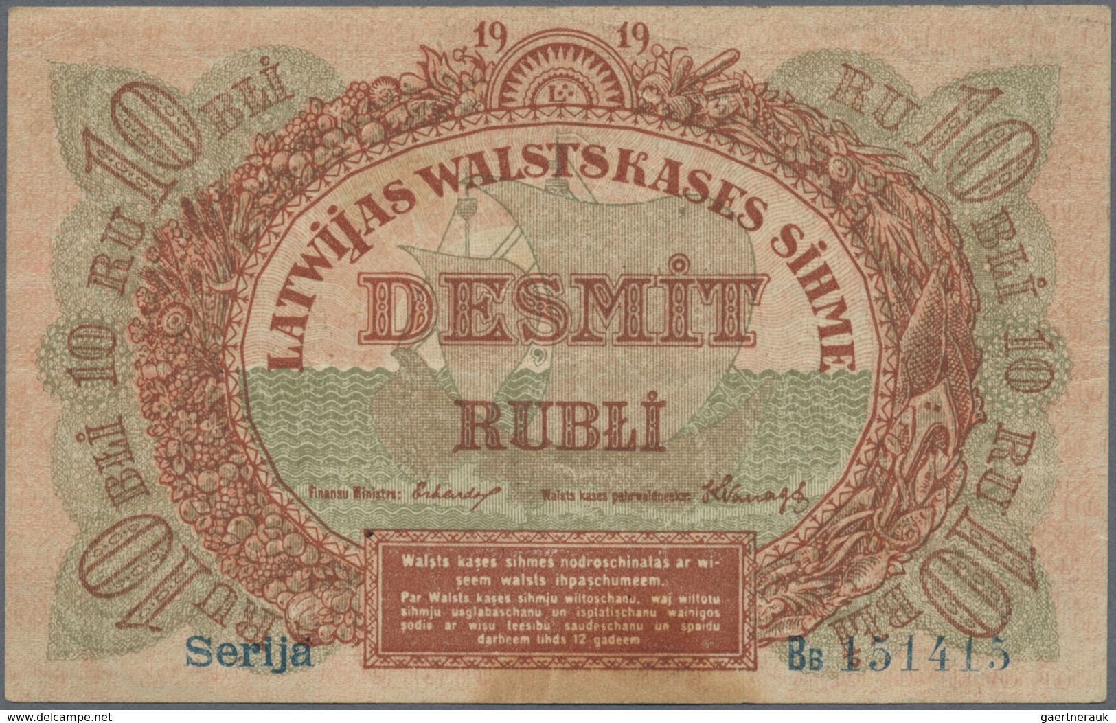 Latvia / Lettland: 10 Rubli 1919 P. 4a, Series "Bb", Sign. Erhards, Light Horizontal And Vertical Be - Latvia