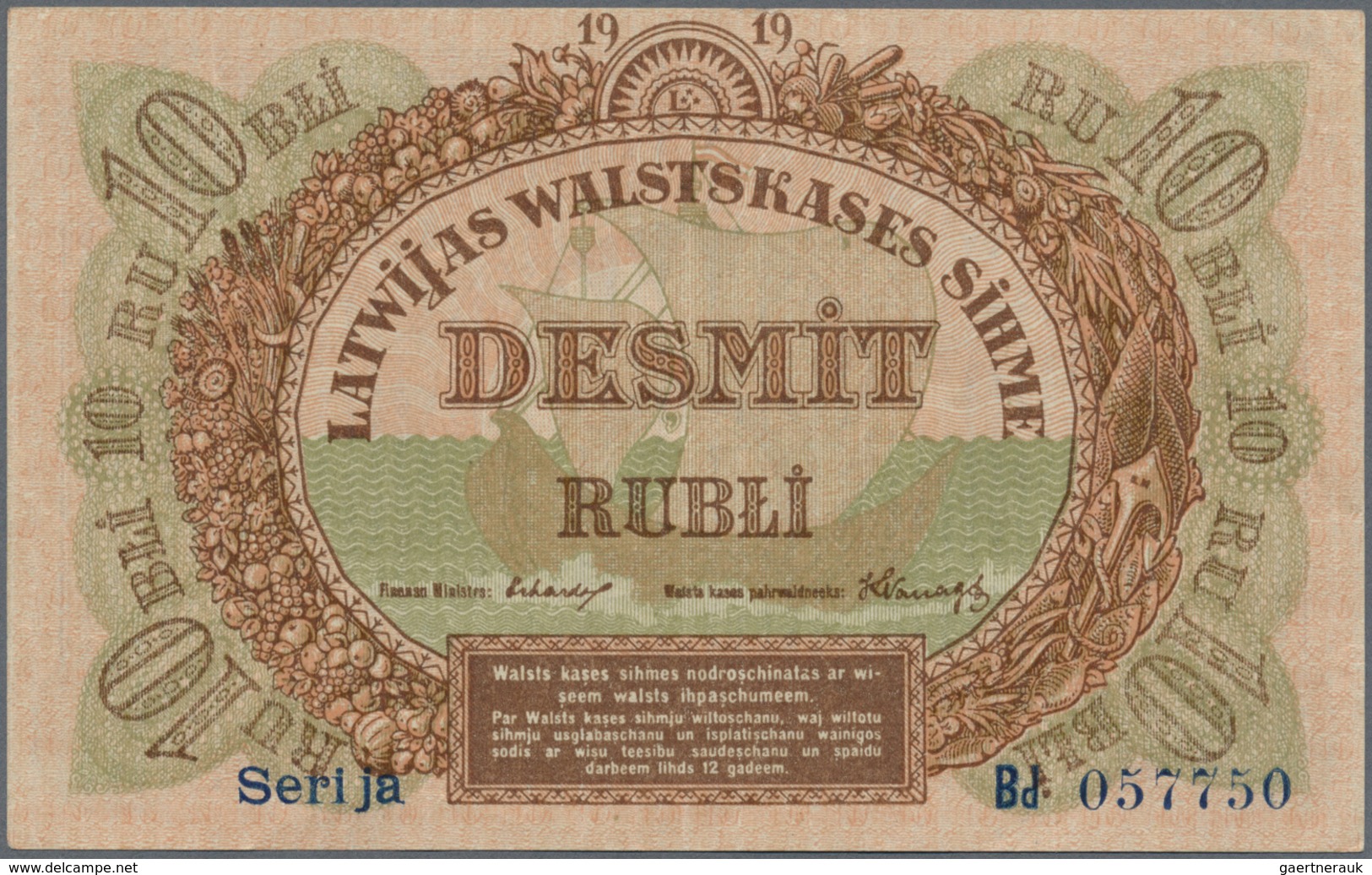 Latvia / Lettland: 10 Rubli 1919 P. 4b, Series "Bd", Sign. Erhards, Radar Number "057750", Light Ver - Latvia