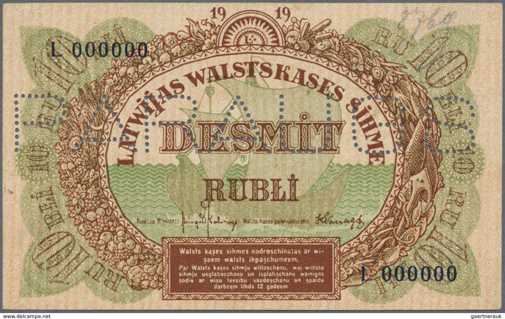 Latvia / Lettland: Rare SPECIMEN Of 10 Rubli 1919 Series "L" P. 4fs, Only Light Corner Fold At Upper - Latvia