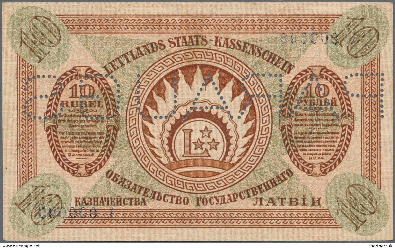 Latvia / Lettland: Rare SPECIMEN Of 10 Rubli 1919 Series "L" P. 4fs, Only Light Corner Fold At Upper - Lettonia