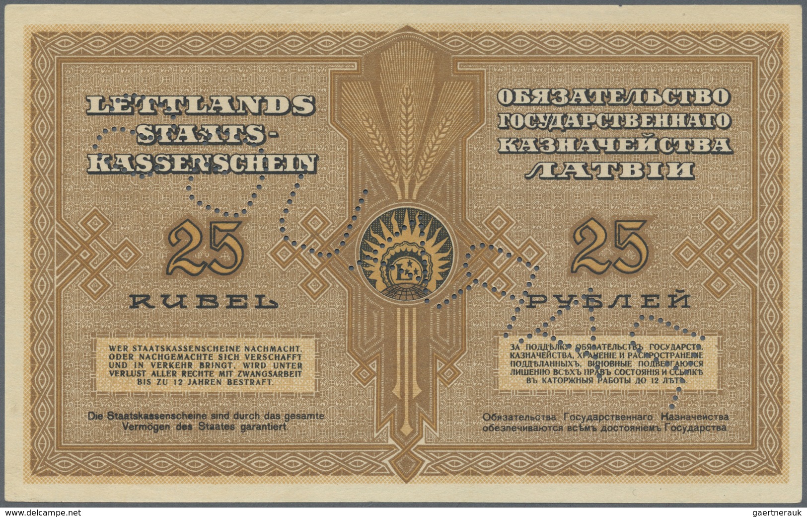 Latvia / Lettland: 25 Rubli 1919 Specimen P. 5as, Series A, Zero Serial Numbers, PARAUGS Perforation - Latvia