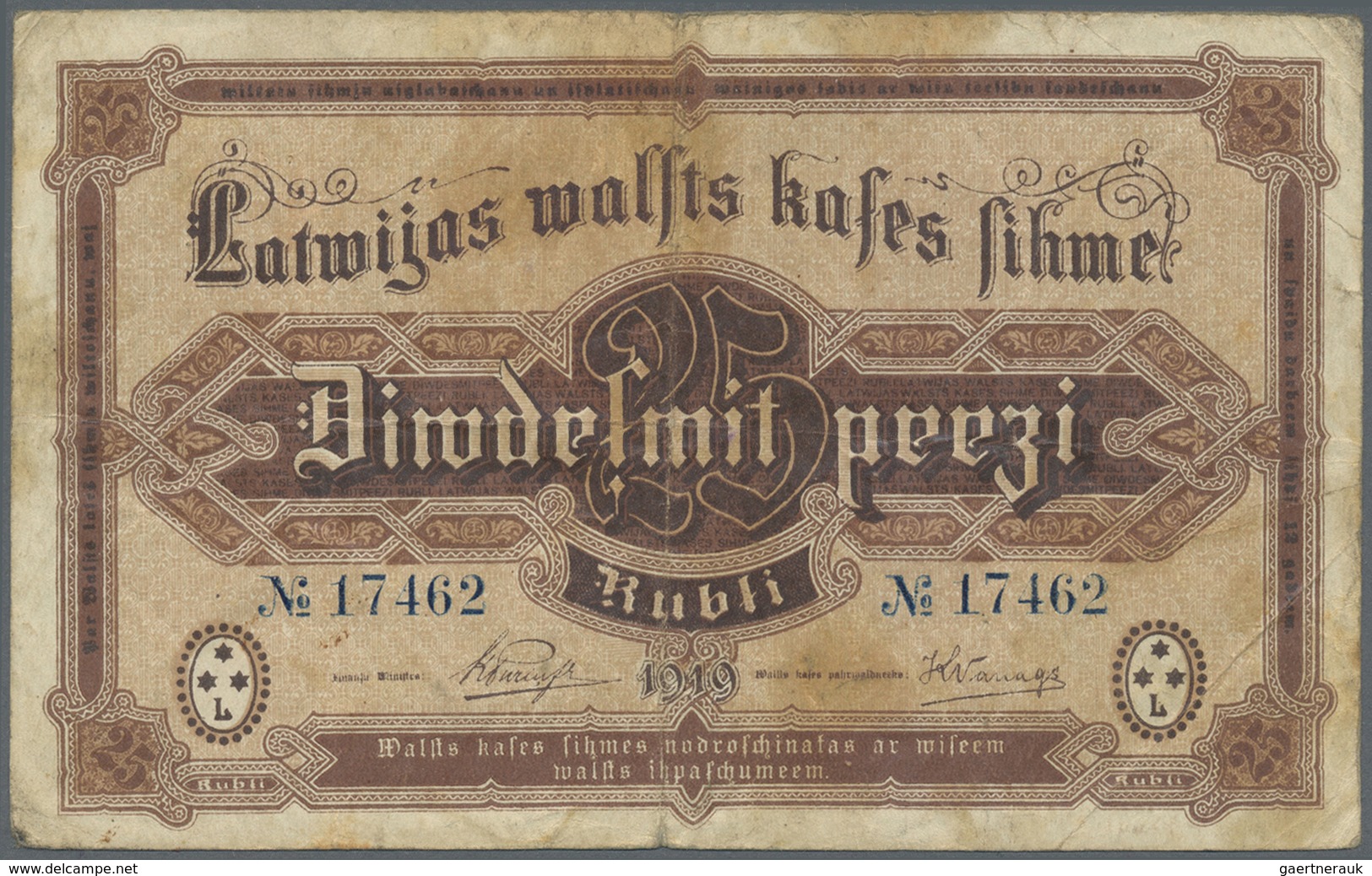 Latvia / Lettland: 25 Rubli 1919 P. 5b, Sign. Purins, Rare With Blue Colored Serial Numbers, Only 34 - Latvia