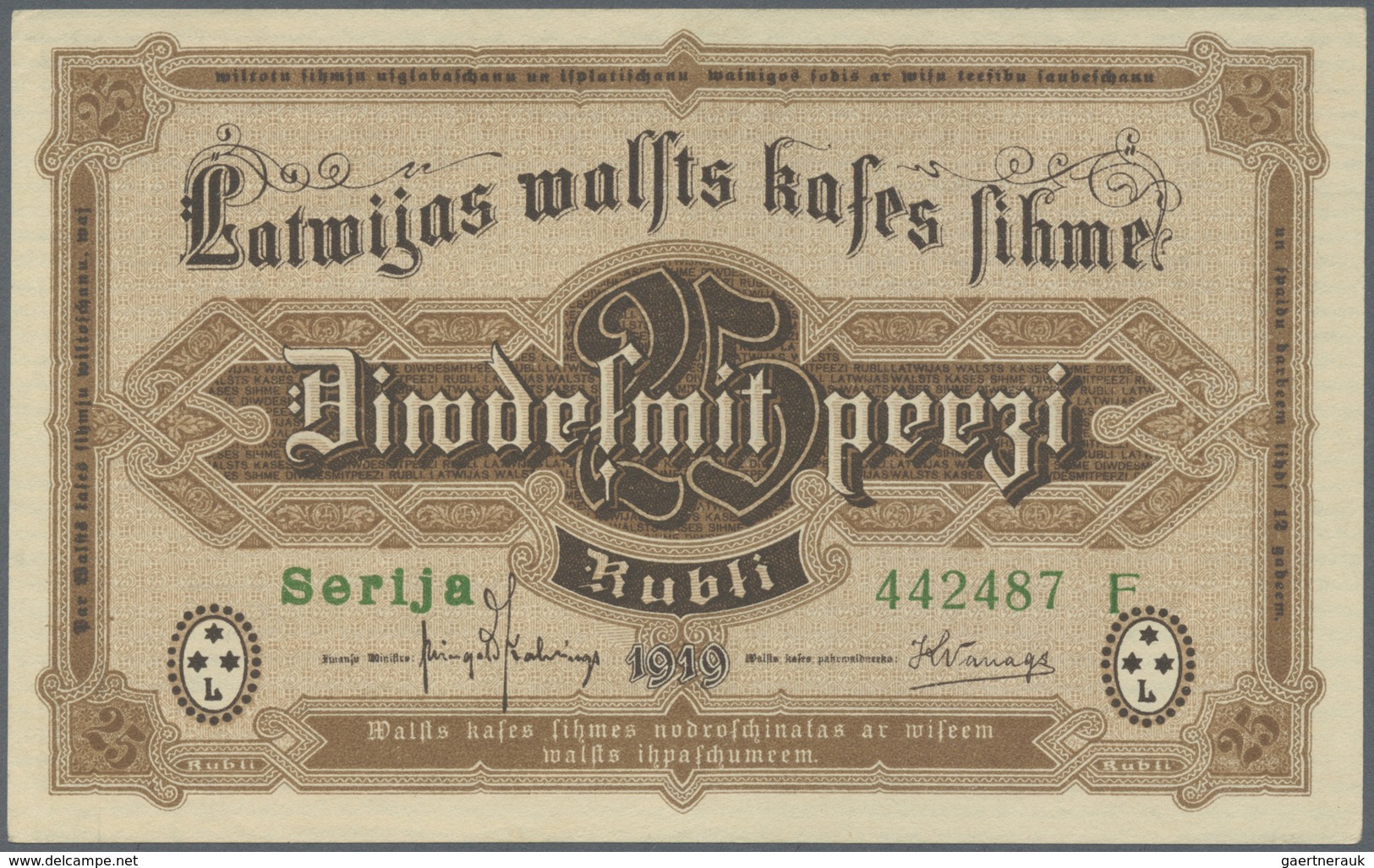 Latvia / Lettland: 25 Rubli 1919 P. 5g, Series "F", Sign. Kalnings, Never Folded Only Very Very Ligh - Lettonia
