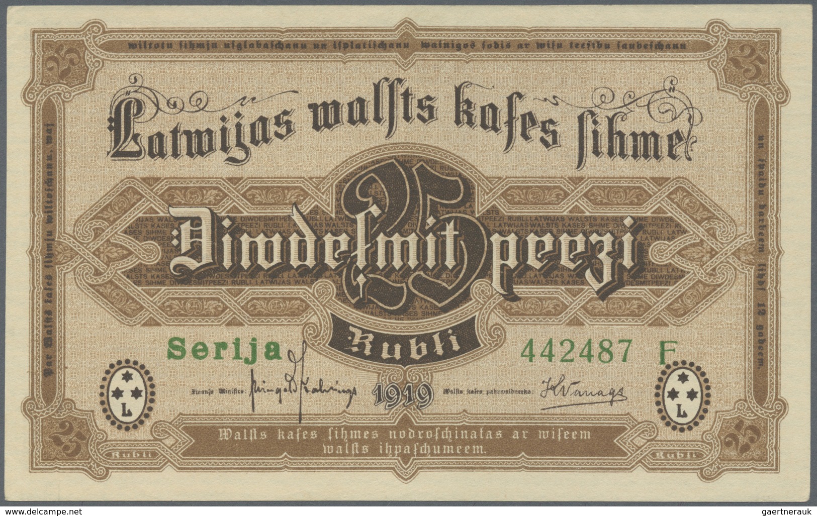 Latvia / Lettland: 25 Rubli 1919 P. 5g, Series "F", Sign. Kalnings, Never Folded Only Very Very Ligh - Latvia