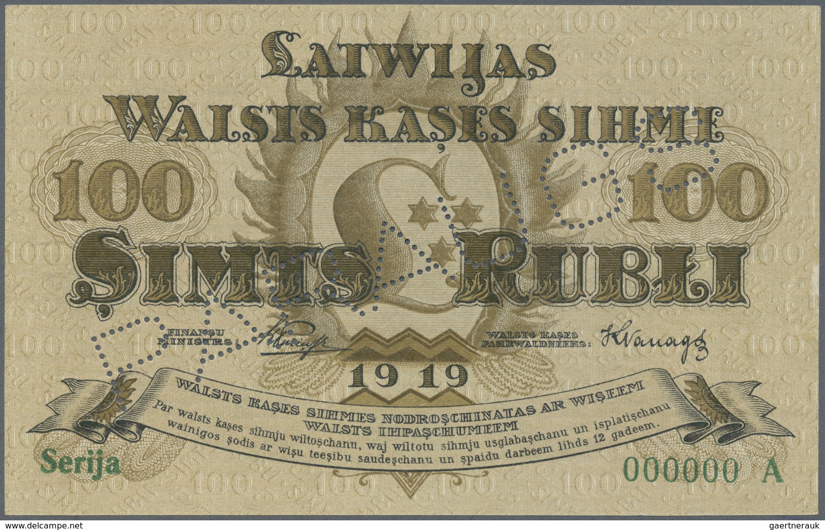 Latvia / Lettland: Rare SPECIMEN Note Of 100 Rubli 1919 P. 7a-b,s, Series "A", Sign. Purins, Zero Se - Latvia