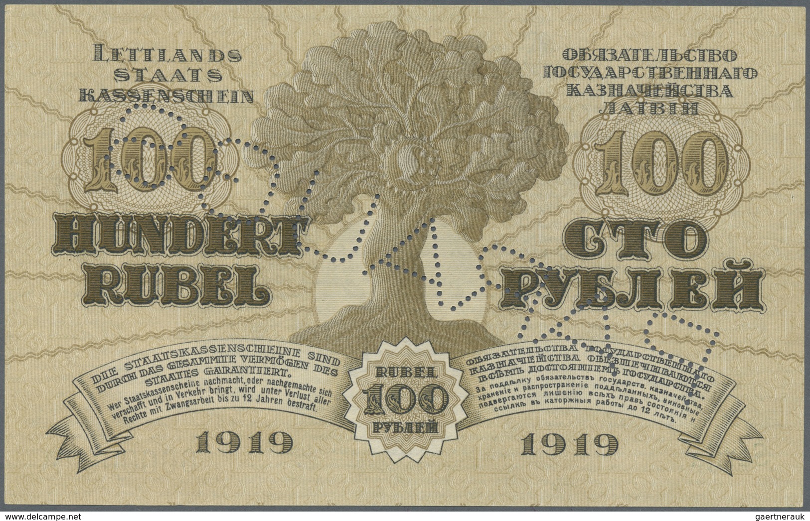 Latvia / Lettland: Rare SPECIMEN Note Of 100 Rubli 1919 P. 7a-b,s, Series "A", Sign. Purins, Zero Se - Lettonia