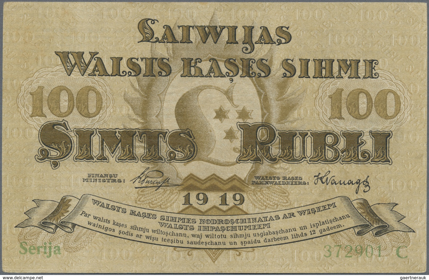 Latvia / Lettland: 100 Rubli 1919 P. 7b, Series "C", Sign. Purins, Vertical Folds And Creases In Pap - Latvia