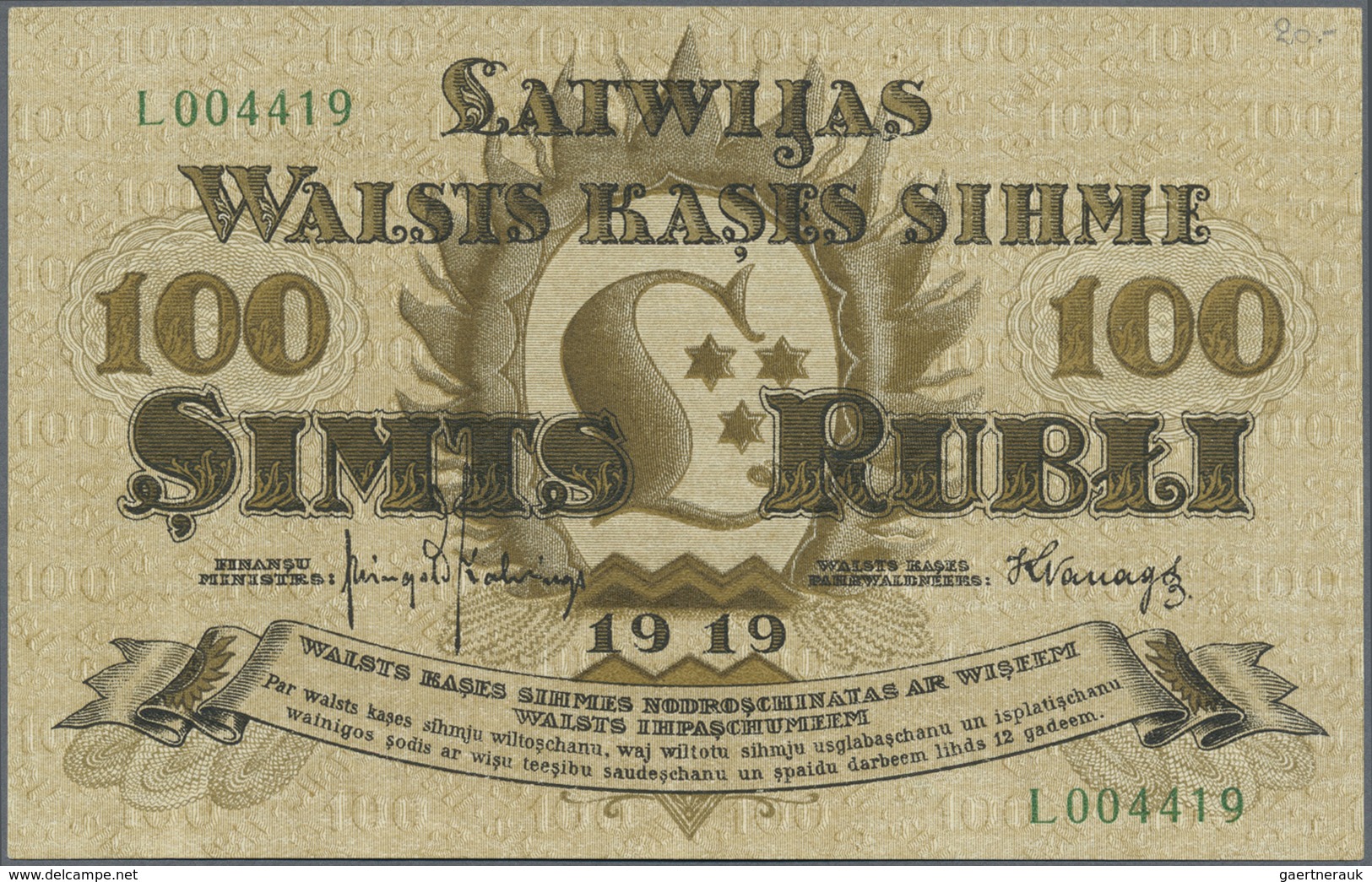 Latvia / Lettland: 100 Rubli 1919 P. 7e, Series "L", Sign. Kalnings, Light Center Bend, Light Corner - Latvia