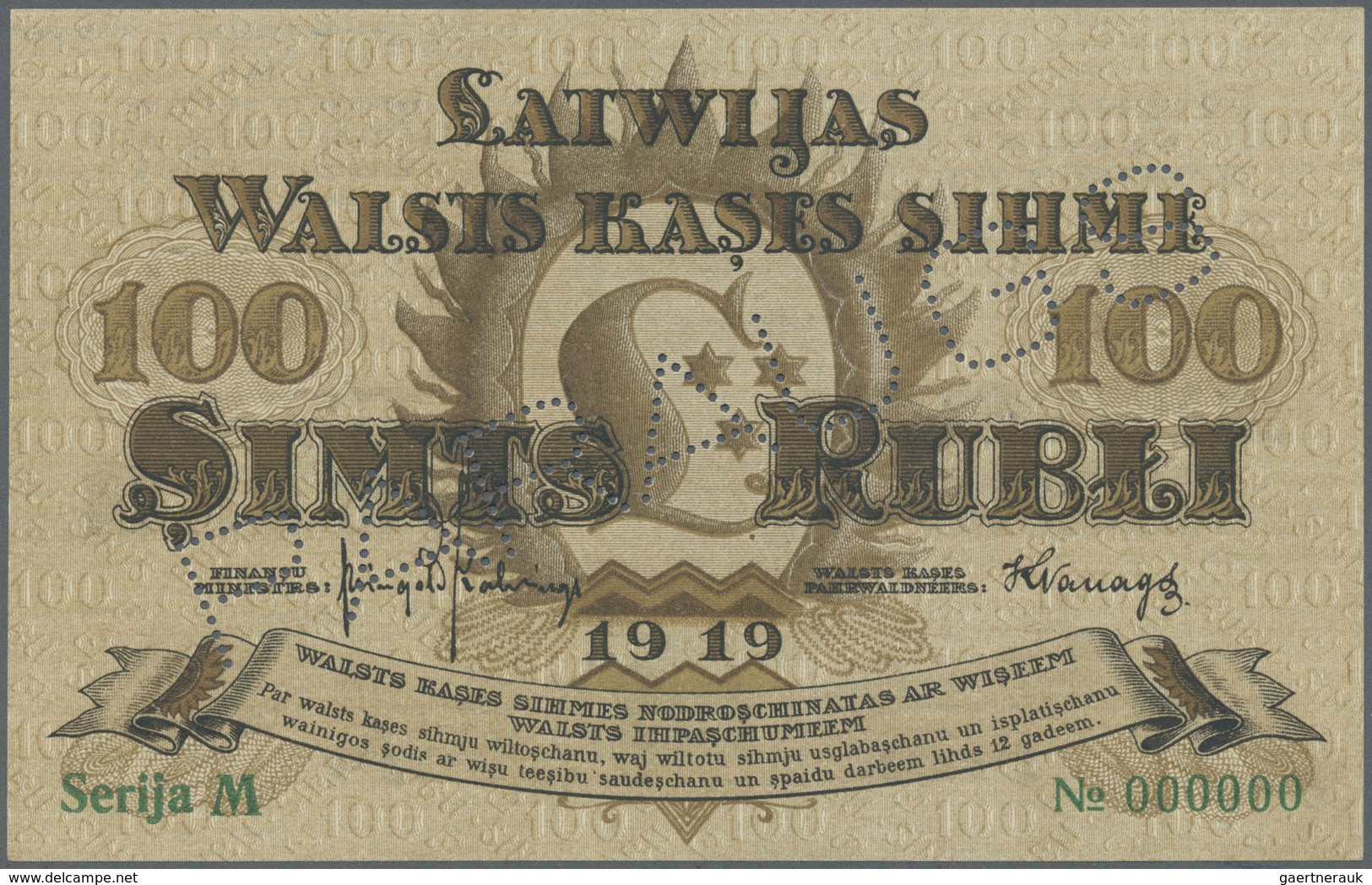 Latvia / Lettland: 100 Rubli 1919 Specimen P. 7es, Series "M", Zero Serial Numbers, Sign. Kalnings, - Lettonia