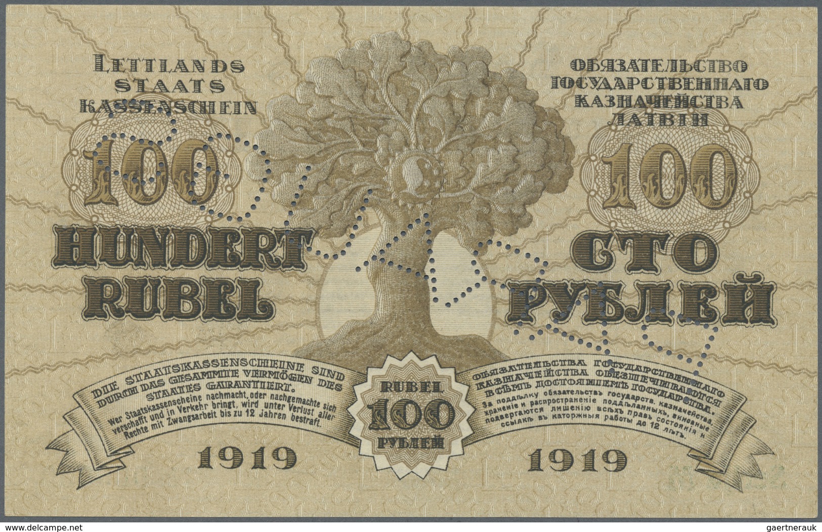 Latvia / Lettland: 100 Rubli 1919 Specimen P. 7es, Series "M", Zero Serial Numbers, Sign. Kalnings, - Lettonia