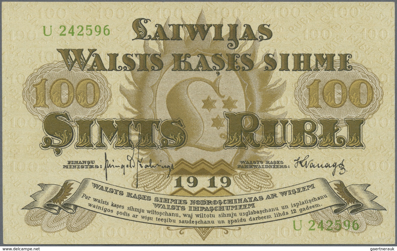 Latvia / Lettland: 100 Rubli 1919 P. 7f,  Series "U", Sign. Kalnings, Light Dints At Left And Right - Lettonia