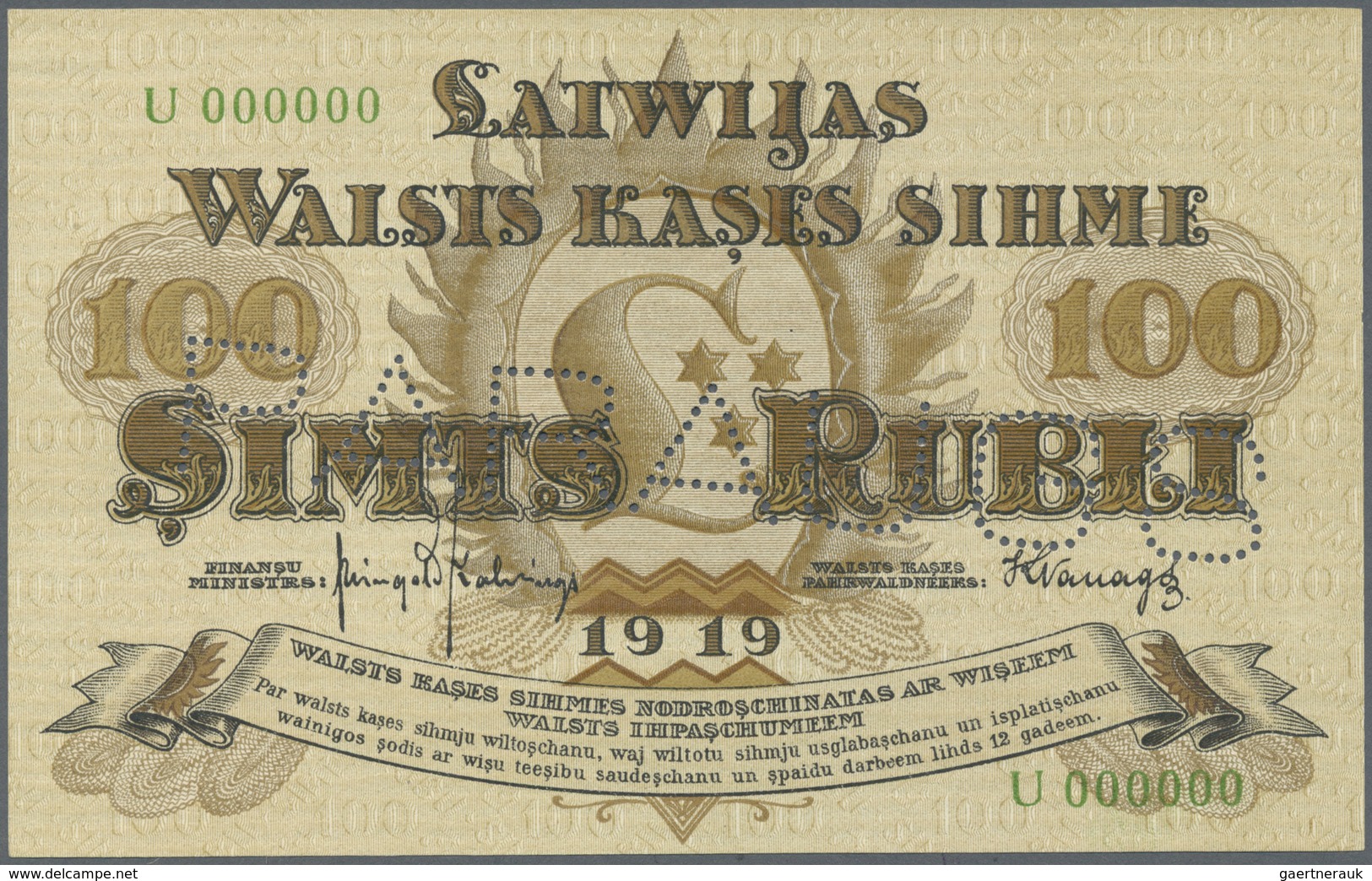 Latvia / Lettland: 100 Rubli 1919 Specimen P. 7fs, Series "U", Zero Serial Numbers, Front And Back P - Latvia